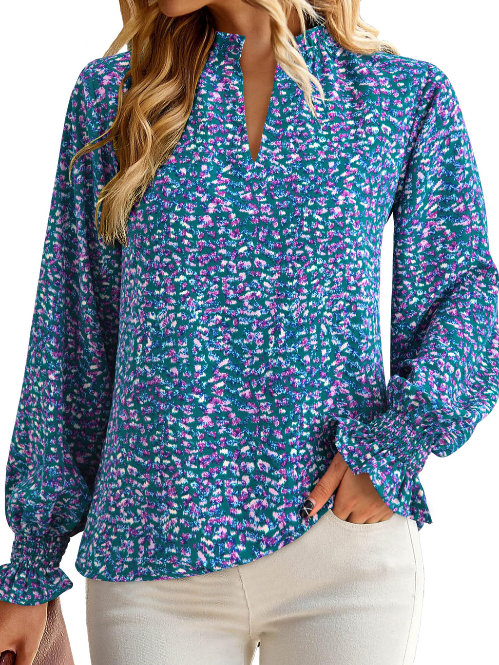 FreshPretty Womens V Neck Floral Long Sleeve Tops Summer Casual Loose Puff Sleeve Chiffon Boho Work Blouse Dressy T Shirts