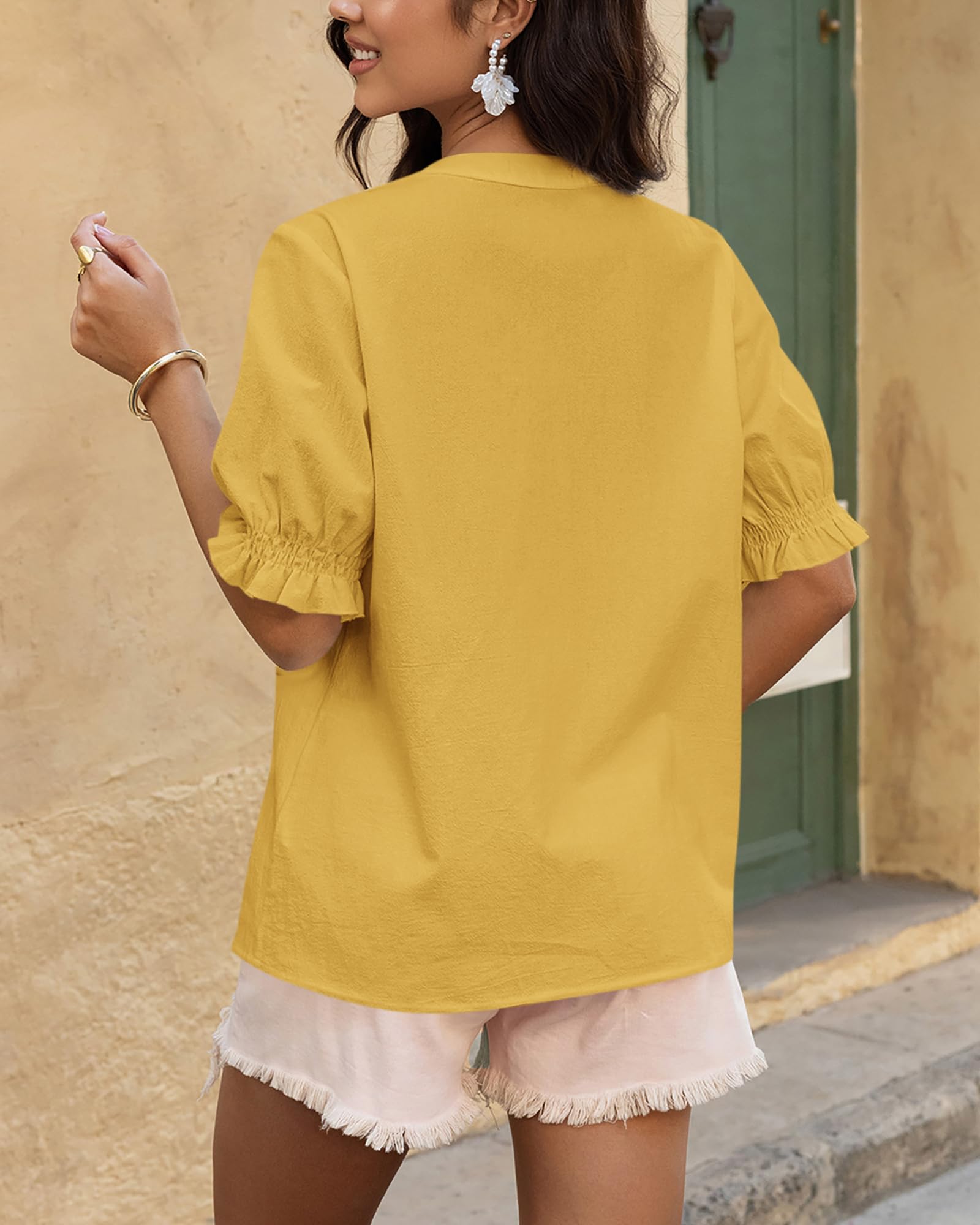 BTFBM Women's Spring Tops Casual Floral Boho V Neck Puff Short Sleeve Button Down Shirts Embroidered Blouses Tunic