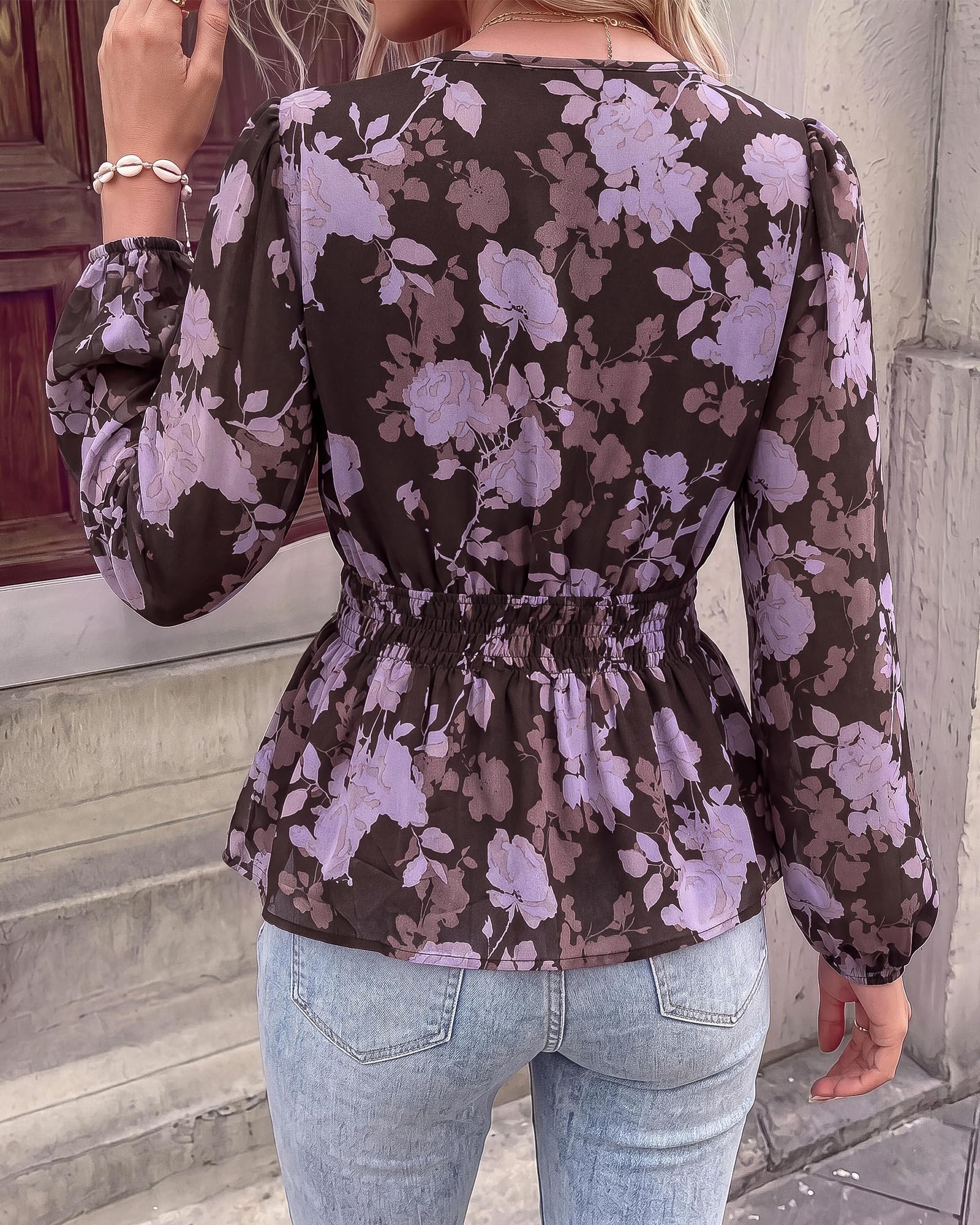 BTFBM Womens Tops Dressy Casual Floral V Neck Long Sleeve Chiffon Shirts | Chiffon Lantern Sleeve Flowy Peplum Sheer Top,Elastic Waist Babydoll Blouses,Boho Vacation Outfits,Fall Fashion Clothing