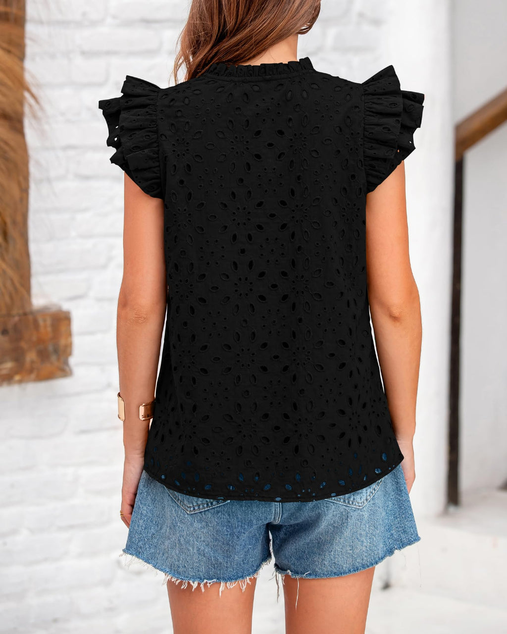 FreshPretty Women Summer Eyelet Tops Dressy Casual V Neck Ruffle Cap Sleeve Cotton Boho Shirts Lace Embroidered Blouses
