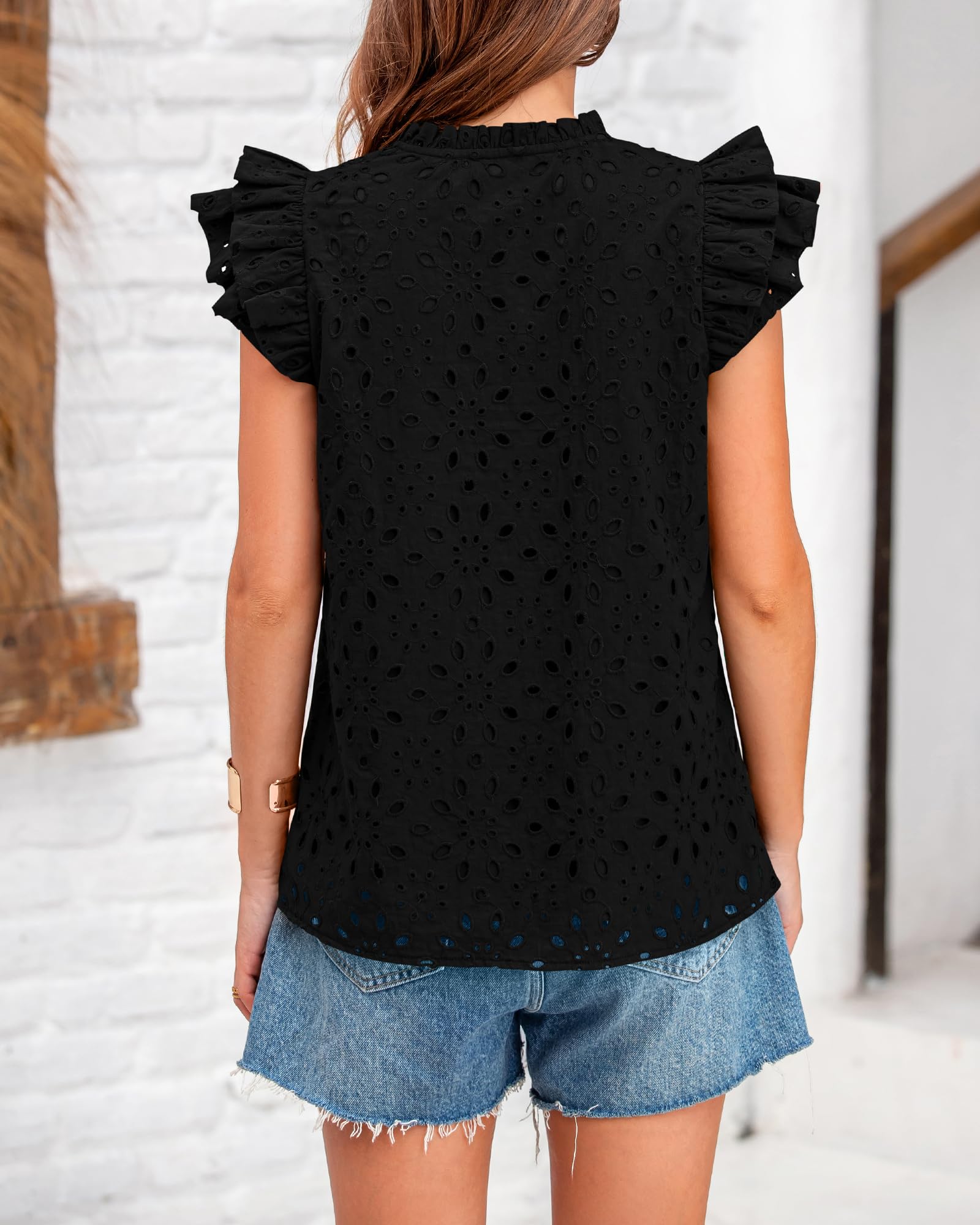 FreshPretty Women Summer Eyelet Tops Dressy Casual V Neck Ruffle Cap Sleeve Cotton Boho Shirts Lace Embroidered Blouses