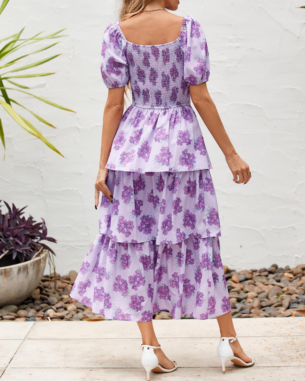 BTFBM Womens Square Neck Smocked Dress Summer Puff Short Sleeve Floral Casual Ruffle Tiered Maxi Wedding Guest Dresses