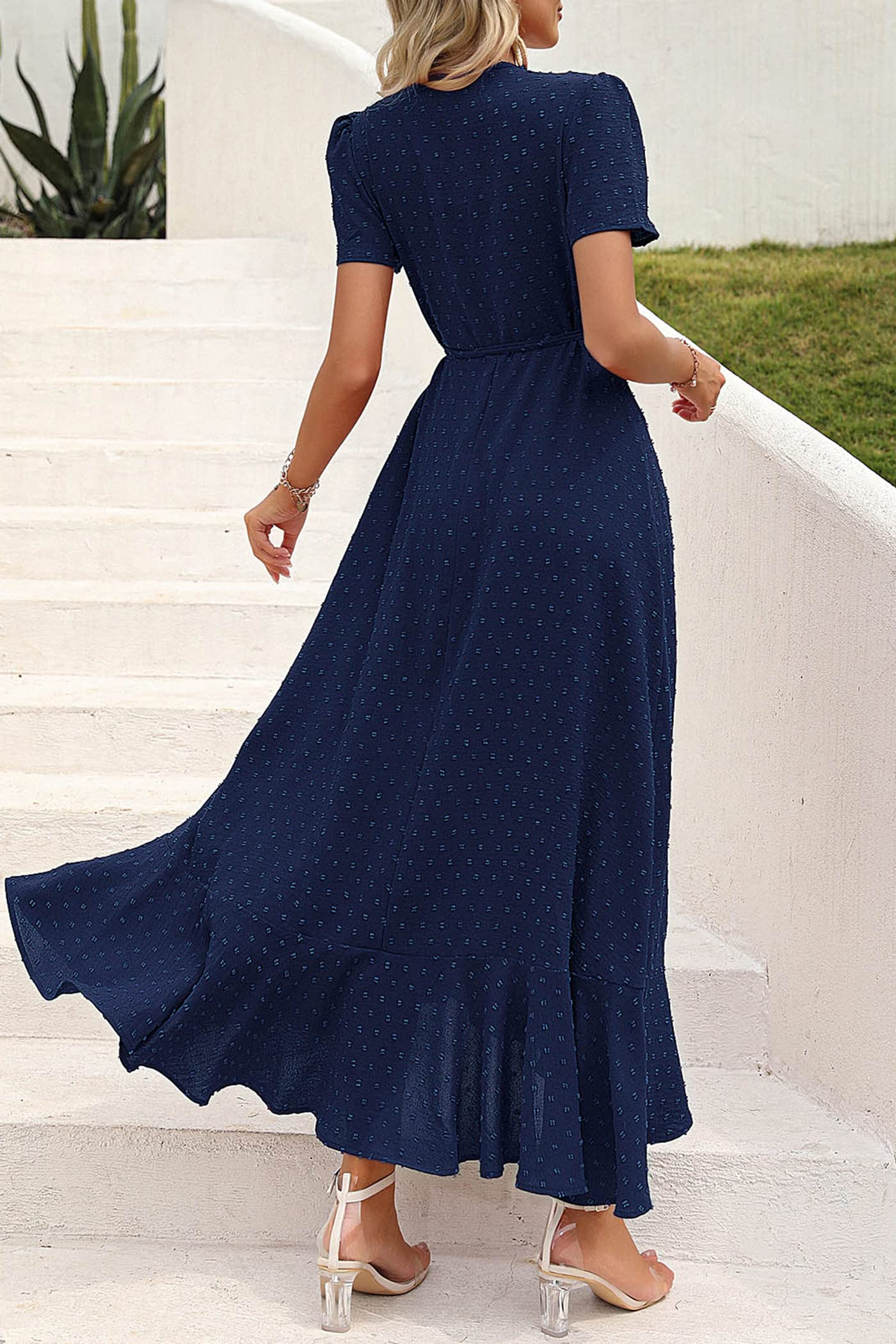PRETTYGARDEN Women's Boho Floral Maxi Dress Summer Short Sleeve Wrap V Neck Long Flowy Beach Vacation Wedding Guest Dresses