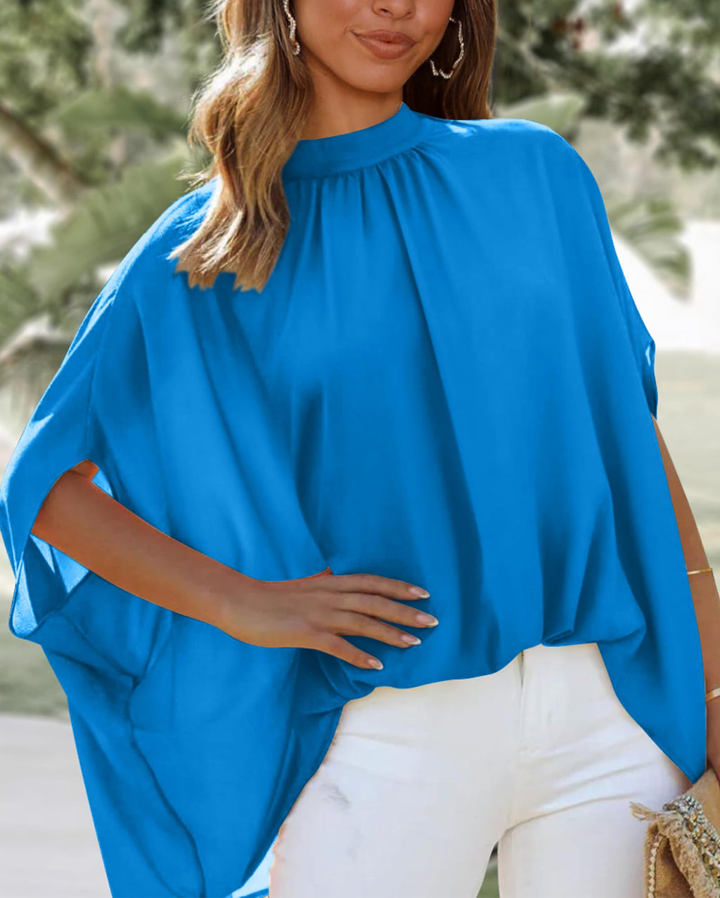 FreshPretty Womens Summer Tops Fall Mock Neck Batwing Sleeve Shirts Loose High Low Hem Oversized Dressy Casual Blouses