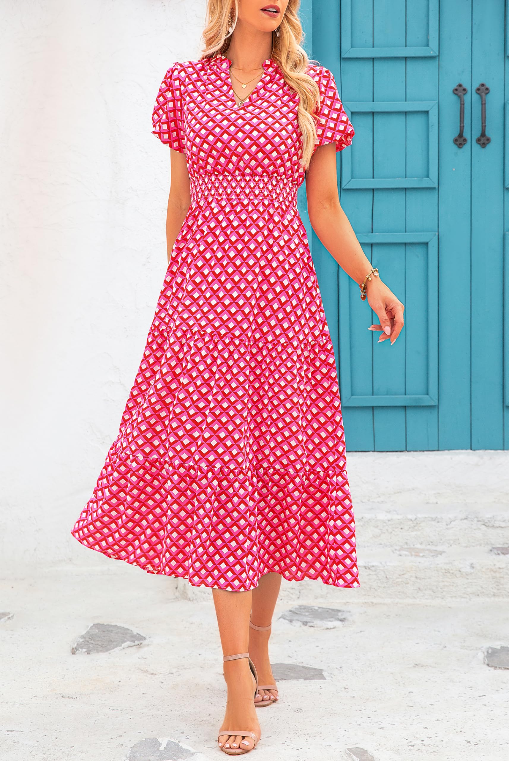 PRETTYGARDEN Summer Maxi Dresses for Women  Casual V Neck Puff Short Sleeve Smocked Flowy Beach Boho Long Floral Dress