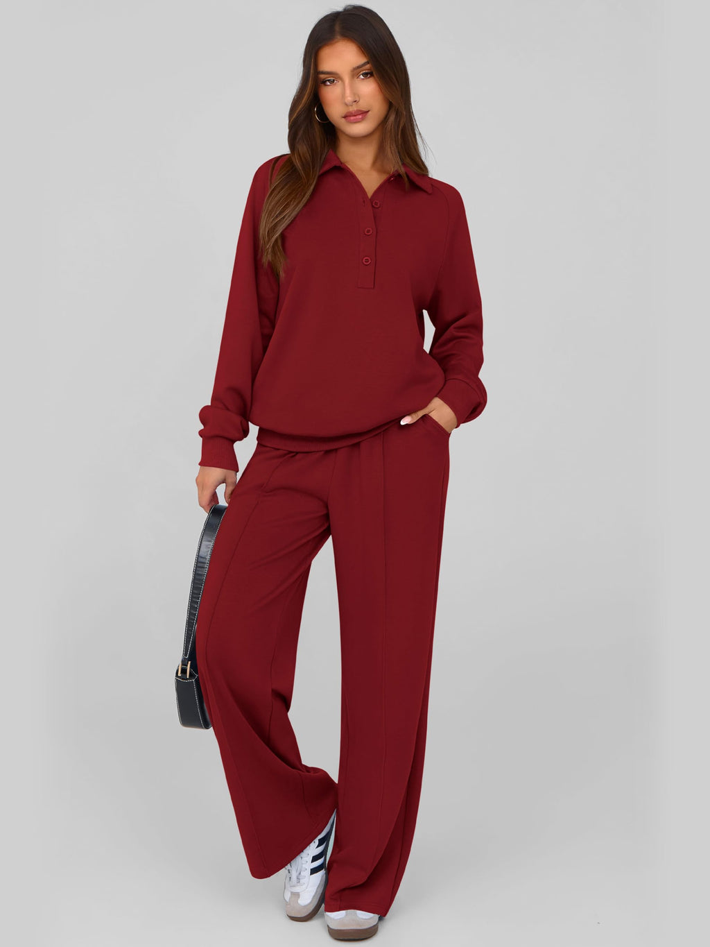 PRETTYGARDEN Women Fall 2 Piece Outfits Sweatsuits Lounge Sets Quarter Button Long Sleeve Sweatshirt, Wide Leg Sweat Pants, Casual 2 Piece Sets Tracksuit, Airport Travel Outfits for Women