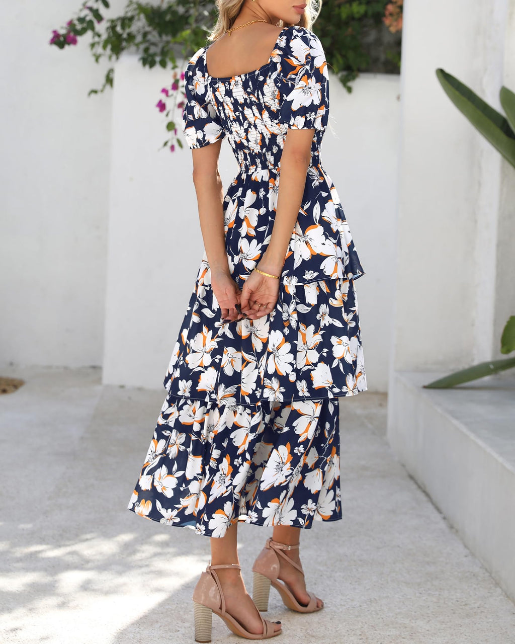 BTFBM Womens Square Neck Smocked Dress Summer Puff Short Sleeve Floral Casual Ruffle Tiered Maxi Wedding Guest Dresses