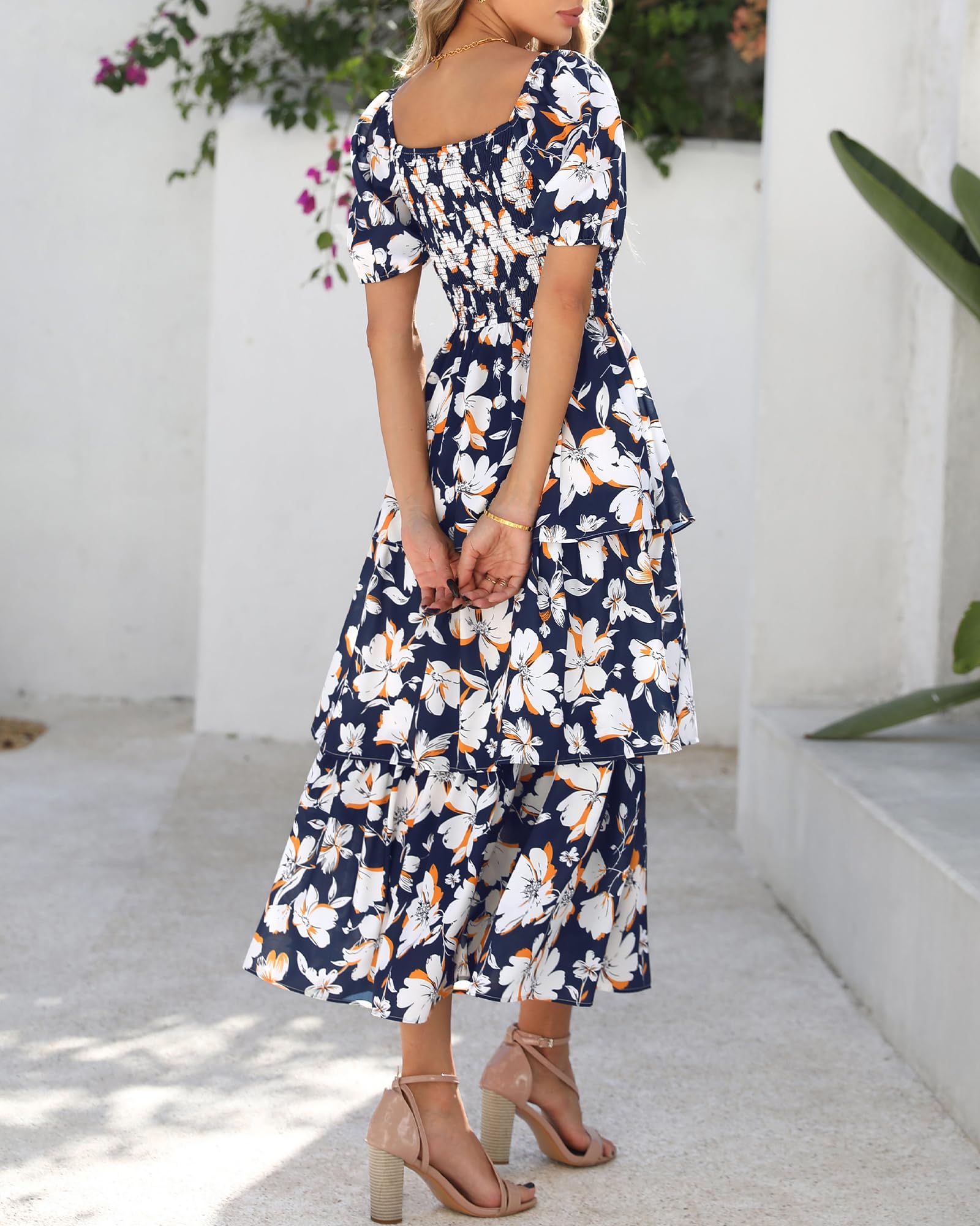 BTFBM Womens Square Neck Smocked Dress Summer Puff Short Sleeve Floral Casual Ruffle Tiered Maxi Wedding Guest Dresses