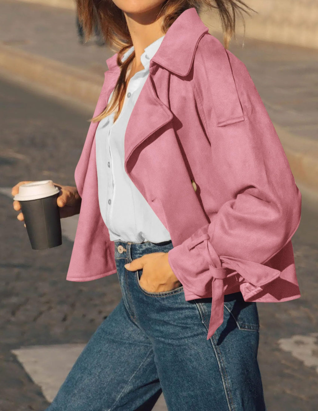 PRETTYGARDEN Women Faux Suede Double Breasted Trench Coat Cropped Jackets Raglan Long Sleeve,Lapel,Tie Cuff,Button Down,Fall Fashion Outerwear,Winter Clothes,Work Office Casual Short Jacket