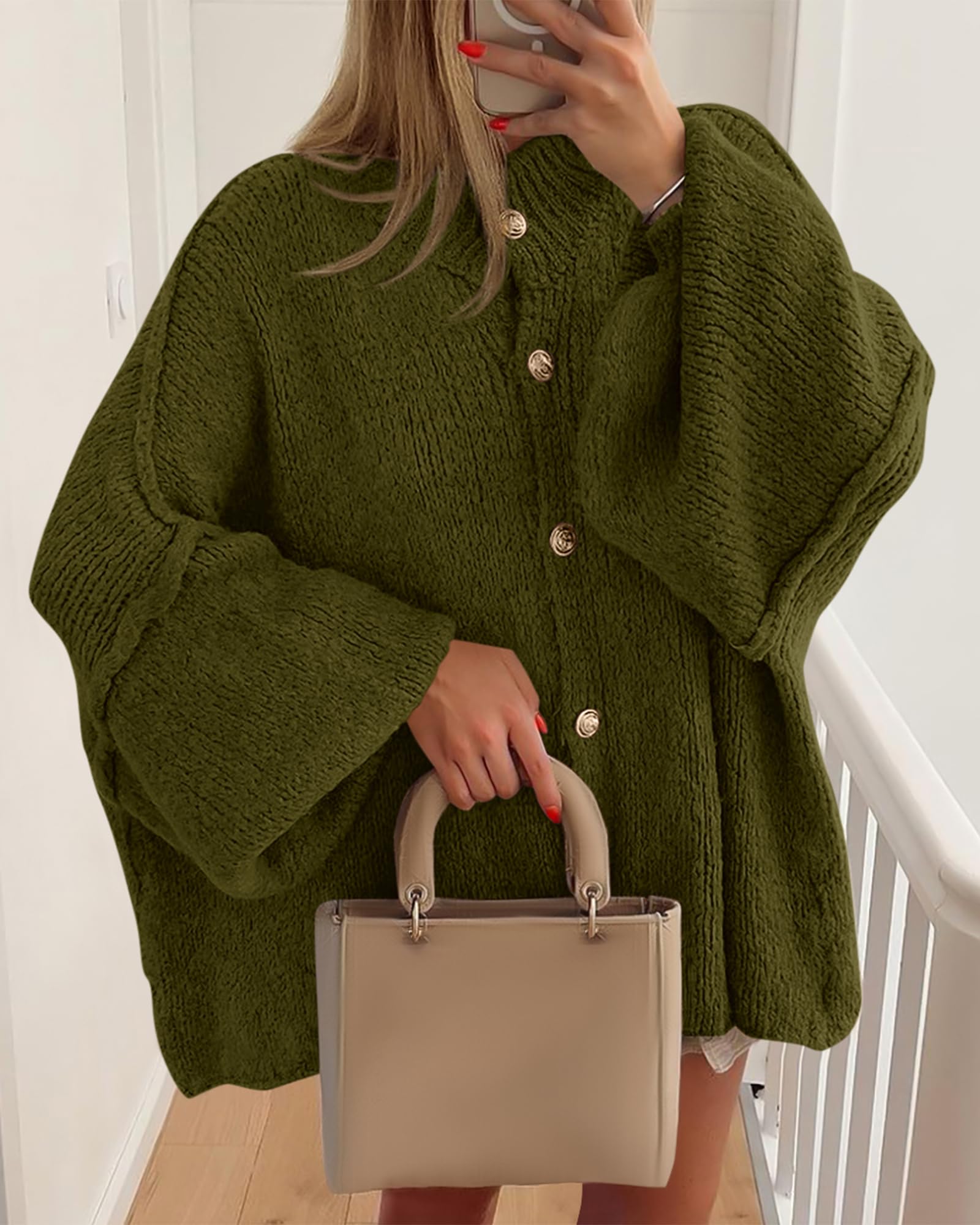 BTFBM Cardigan Sweaters for Women Fall Clothes Lantern Long Sleeve Button Open Front Chunky Knit Oversized Sweater
