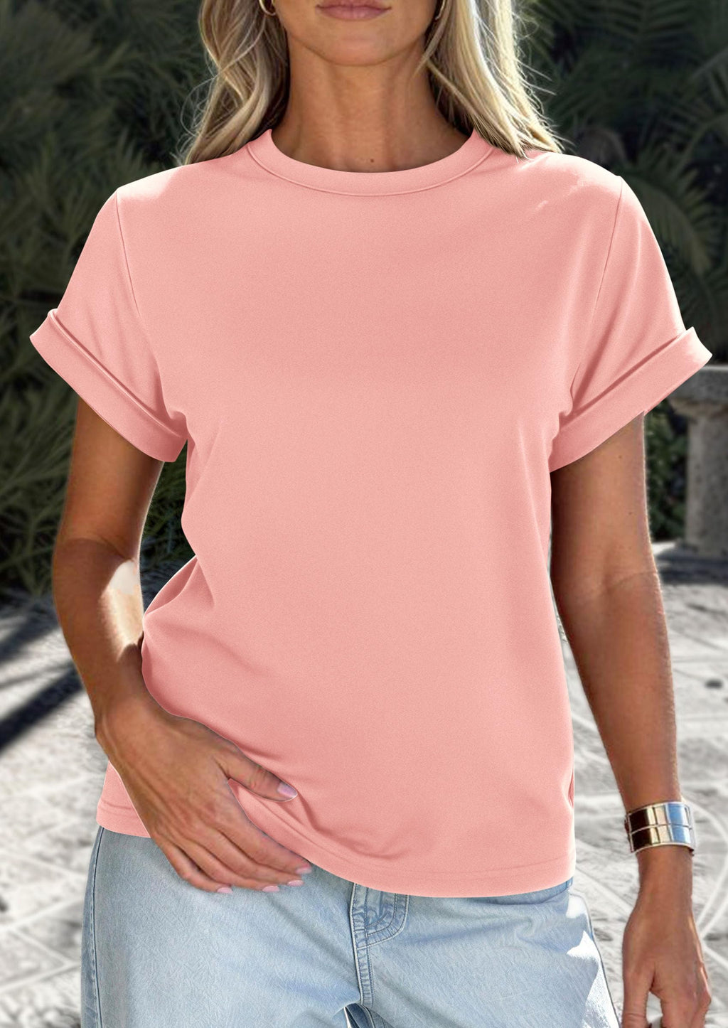 PRETTYGARDEN Womens Summer Tops Spring Casual Rolled Short Sleeve Basic Tees Crew Neck Work Shirts Fashion Clothing