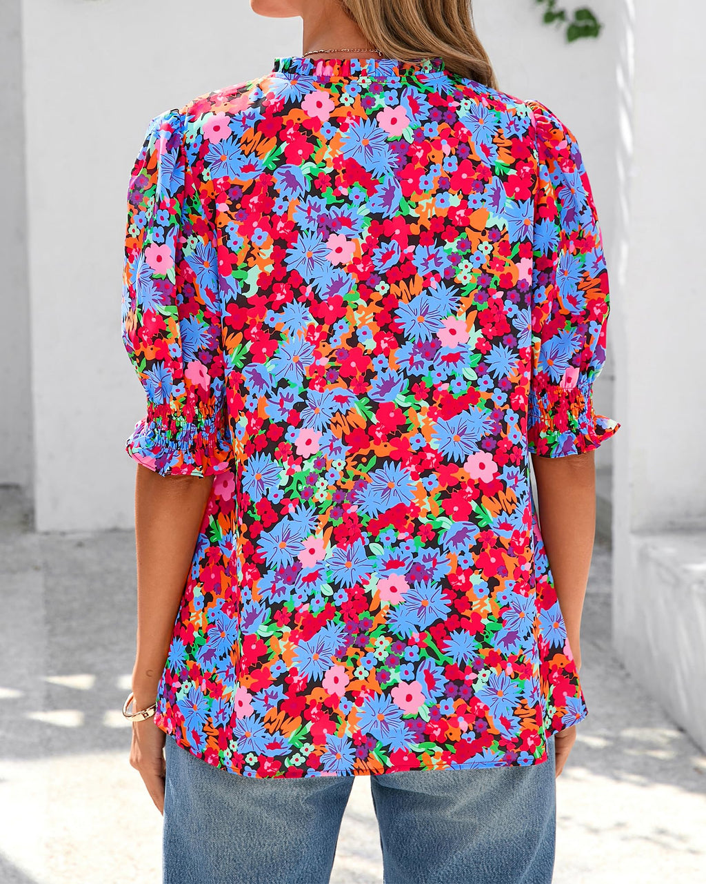 FreshPretty Summer Blouses for Women Dressy Casual  Fashion Spring Tops Floral Boho V Neck Puff Short Sleeve Top Shirts