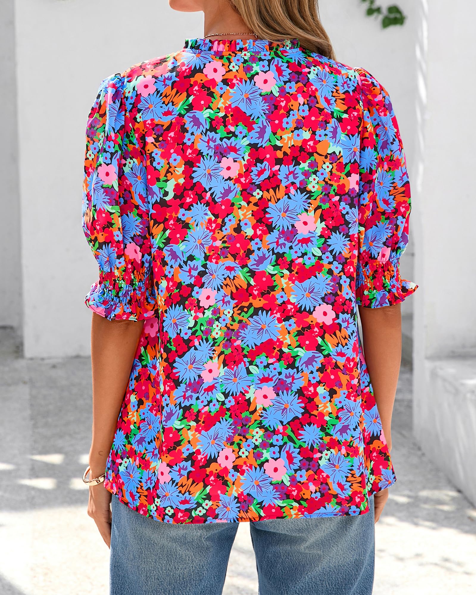 FreshPretty Summer Blouses for Women Dressy Casual  Fashion Spring Tops Floral Boho V Neck Puff Short Sleeve Top Shirts