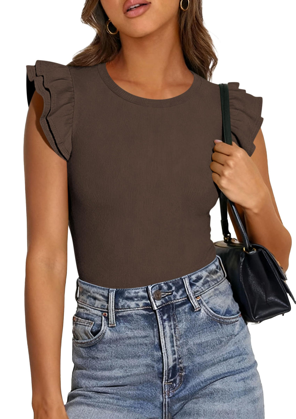 PRETTYGARDEN Womens Summer Crew Neck T Shirts Trendy Ruffle Sleeve Slim Fit Knit Going Out Tops Casual Spring Clothes