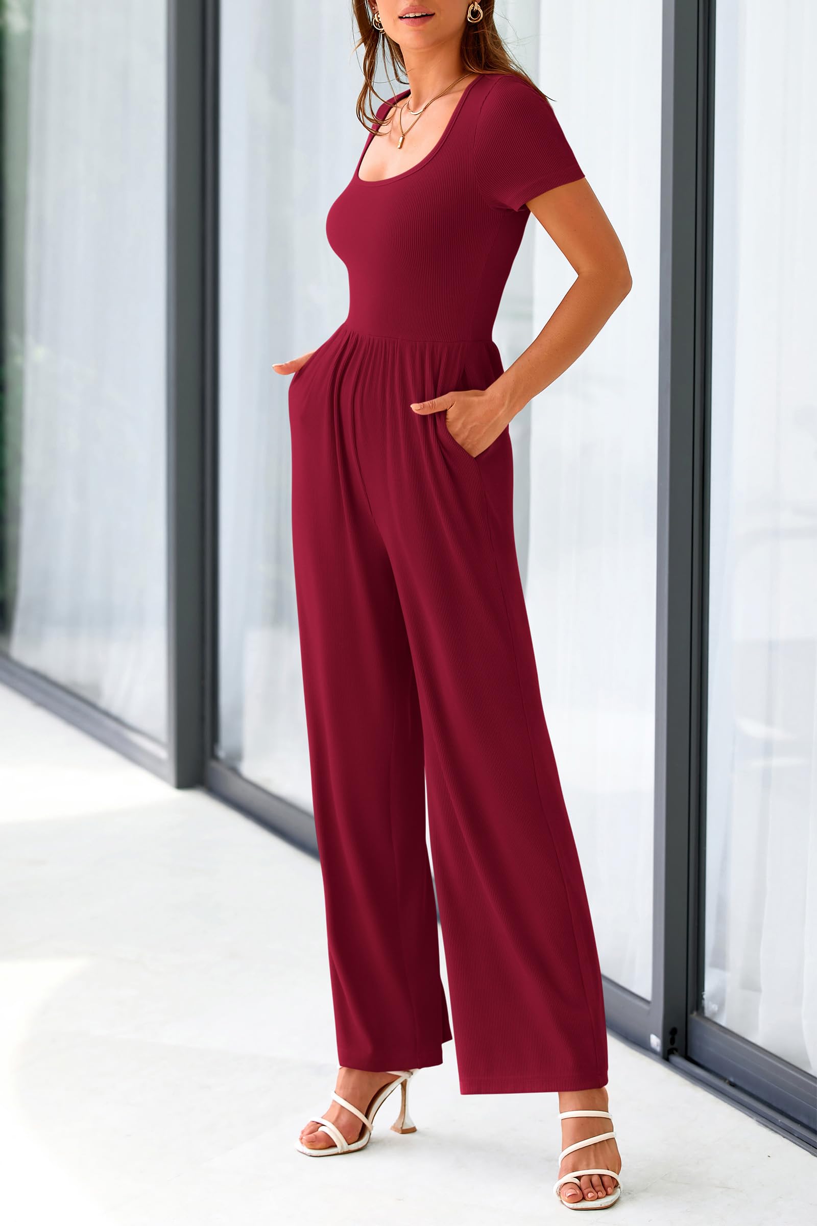 PRETTYGARDEN Women's Summer One Piece Jumpsuits Dressy Casual Short Sleeve Square Neck Wide Leg Rompers Travel Outfit Clothes