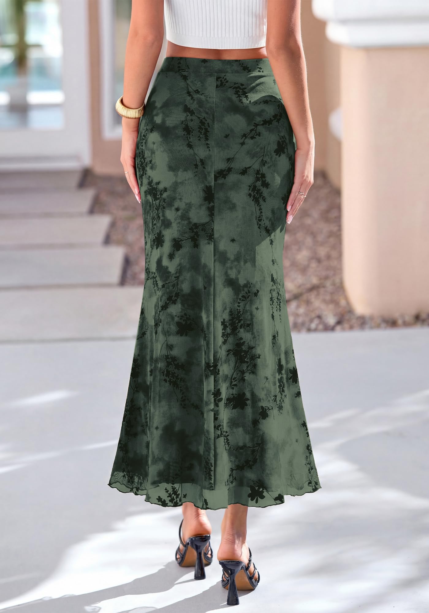 BTFBM Womens Floral Mesh Maxi Skirt Spring Summer Elastic High Waisted Boho Elegant Mermaid Long Skirts for Women