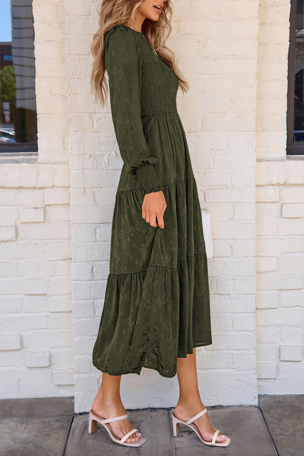 PRETTYGARDEN Women's Fall Spring Midi Dress Long Sleeve Floral Smocked Elegant Wedding Guest Long Flowy Dresses with Pockets