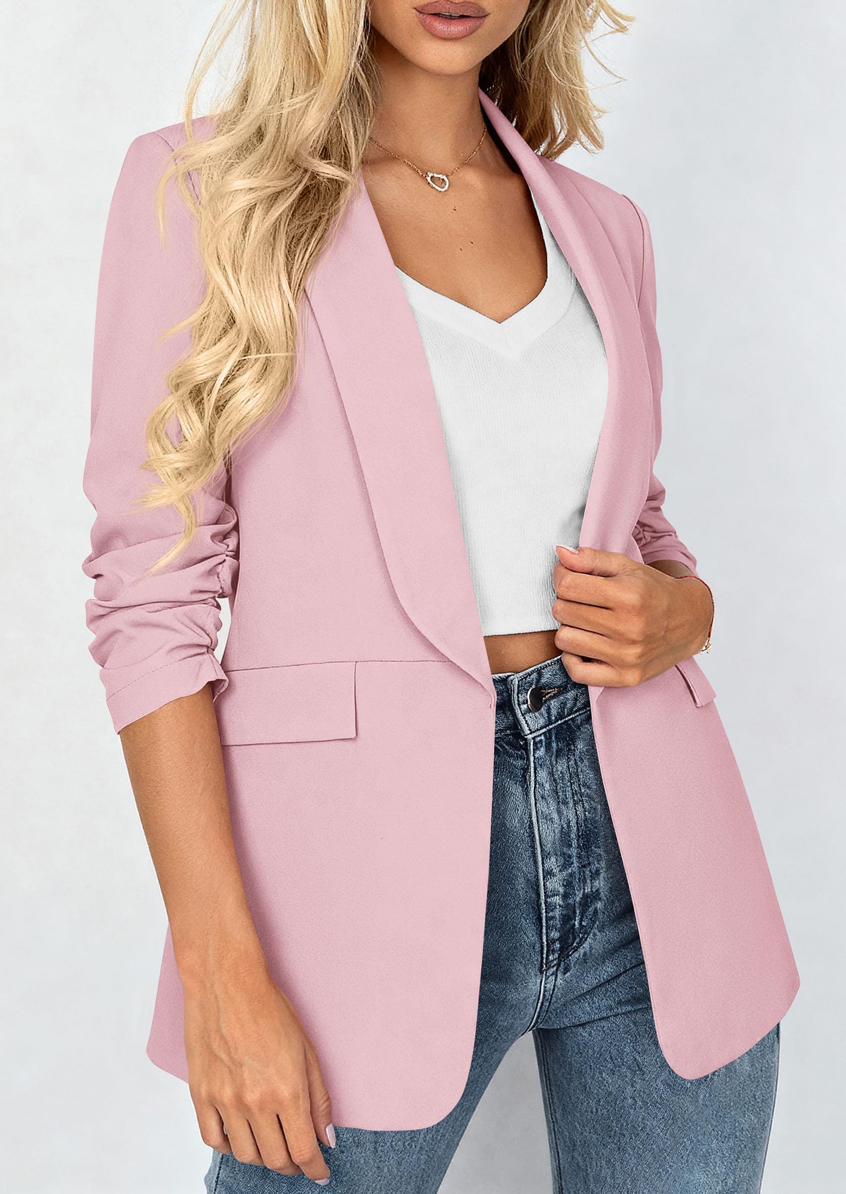 PRETTYGARDEN Women's Summer Blazers Business Casual Outfits | Ruched 3/4 Sleeve,Shawl Lapel,Collared Open Front,Padded Shoulder,Lightweight Jackets,Office Work Suits,Spring Fall Clothes
