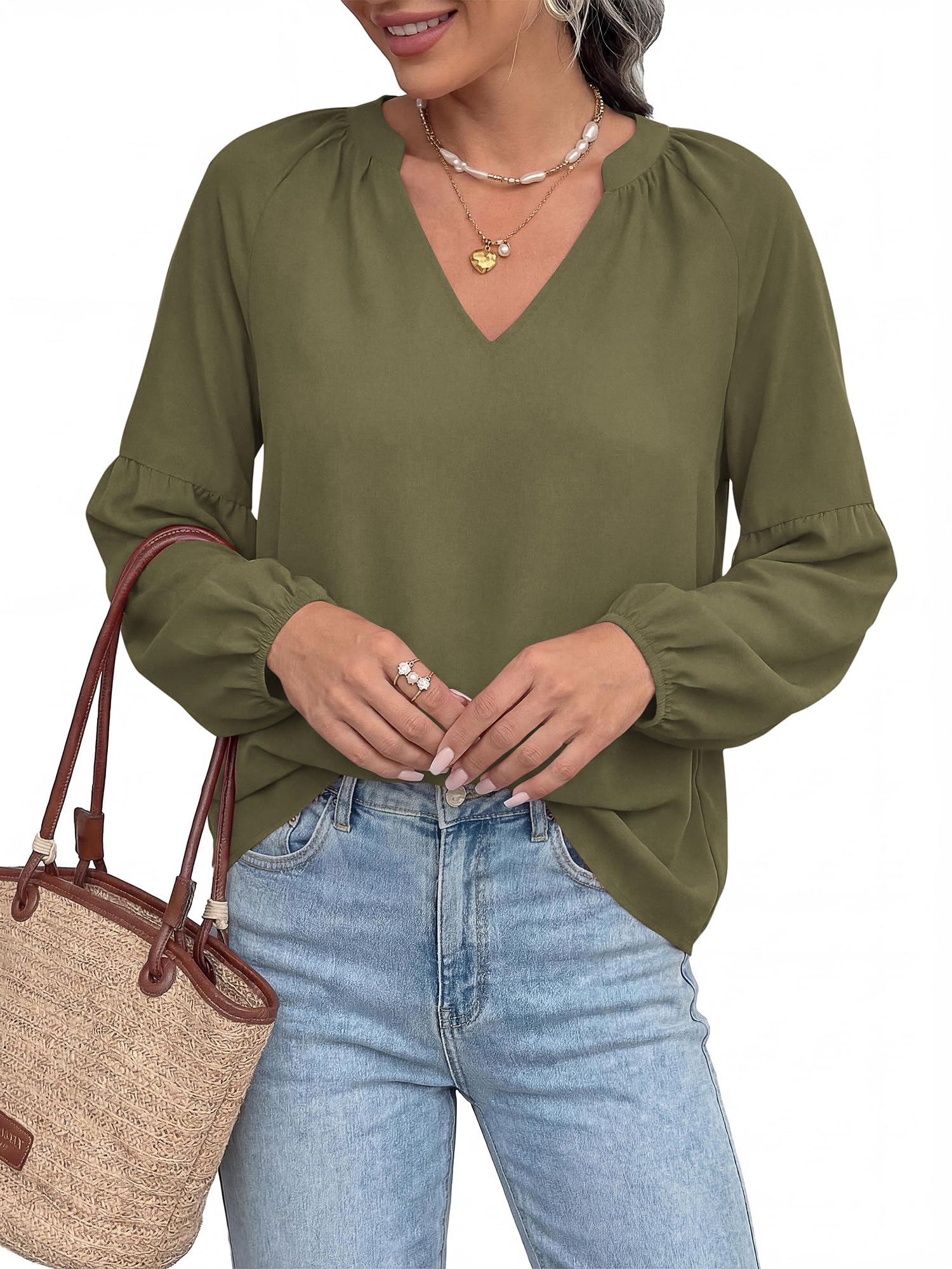 BTFBM Blouses for Women Dressy Casual Boho Tops V Neck Lightweight Long Sleeve Shirts Spring Clothes
