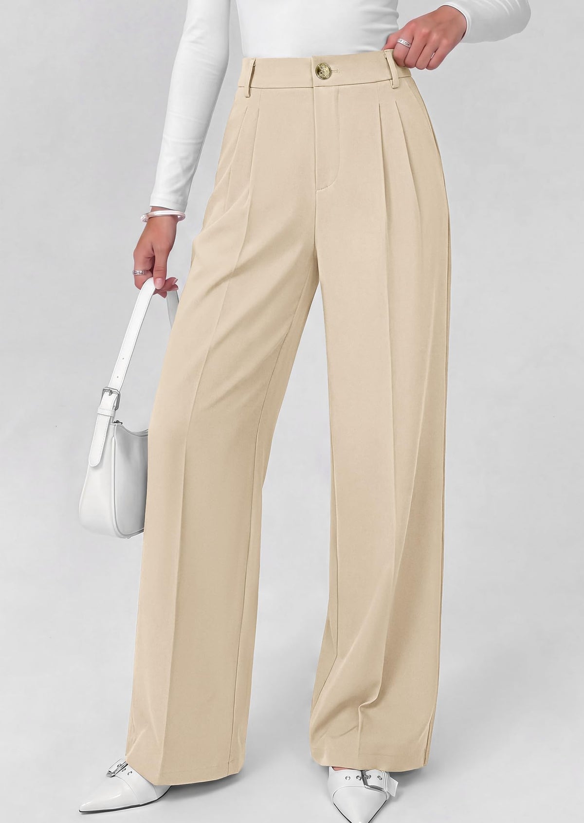 FreshPretty Fall Wide Leg Pants Woman Flowy High Waisted Slacks with Pockets, Comfy Palazzo, Business Casual Outfits, Work Clothes, Teacher Trousers Dressy, Zip Up, Button Closure, Elastic Back