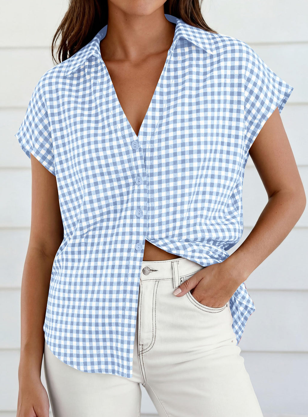 PRETTYGARDEN Womens Short Sleeve Shirts Plaid Button Down Blouse Dressy Casual Summer Spring Business Gingham Work Tops