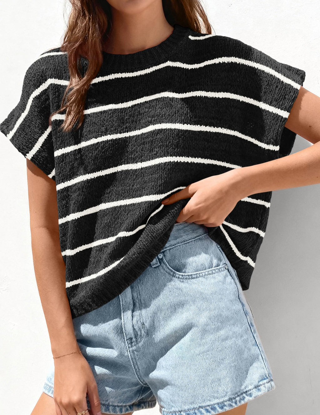 PRETTYGARDEN Womens Summer Short Sleeve Tops Trendy Crew Neck Striped Knit Sweater Business Casual Spring Clothes