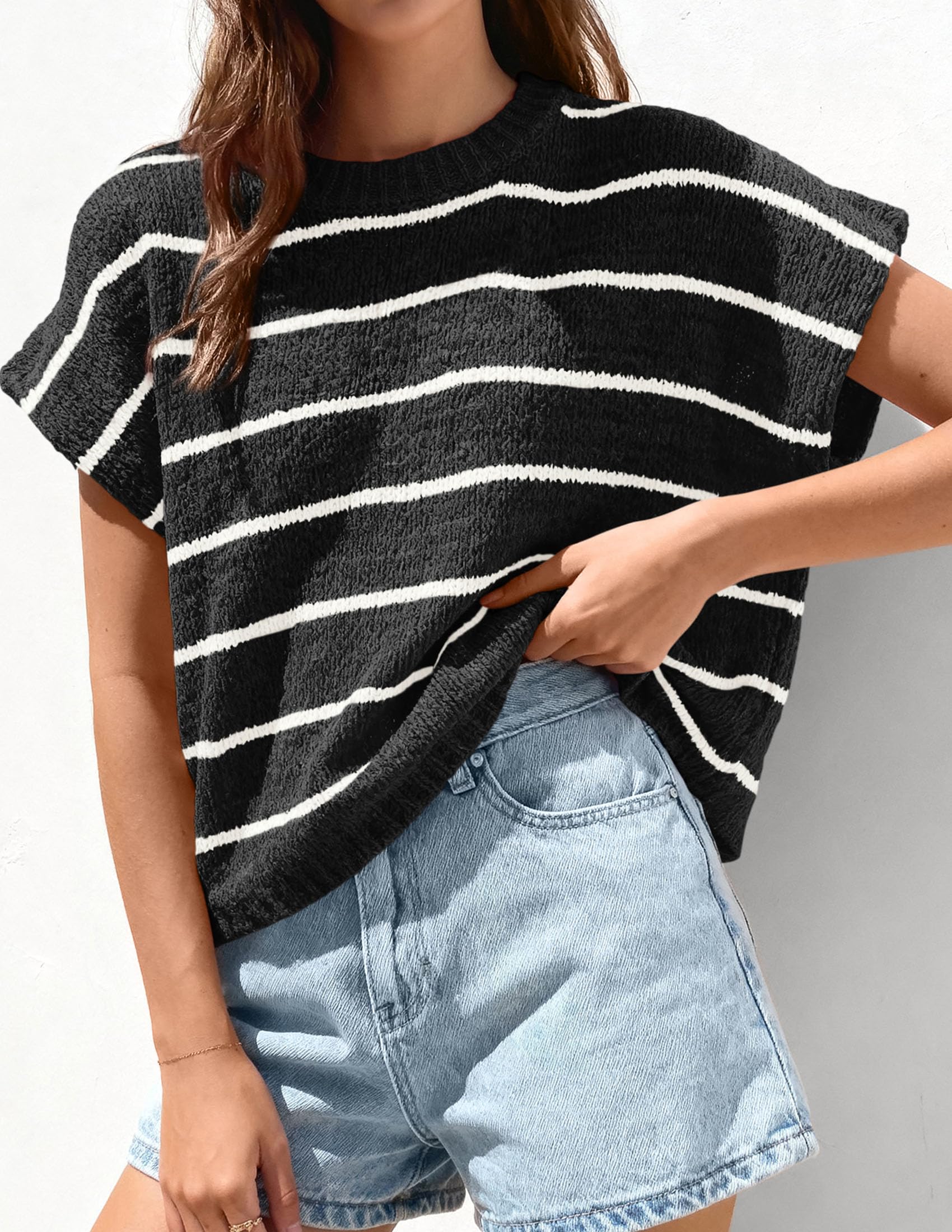 PRETTYGARDEN Womens Summer Short Sleeve Tops Trendy Crew Neck Striped Knit Sweater Business Casual Spring Clothes