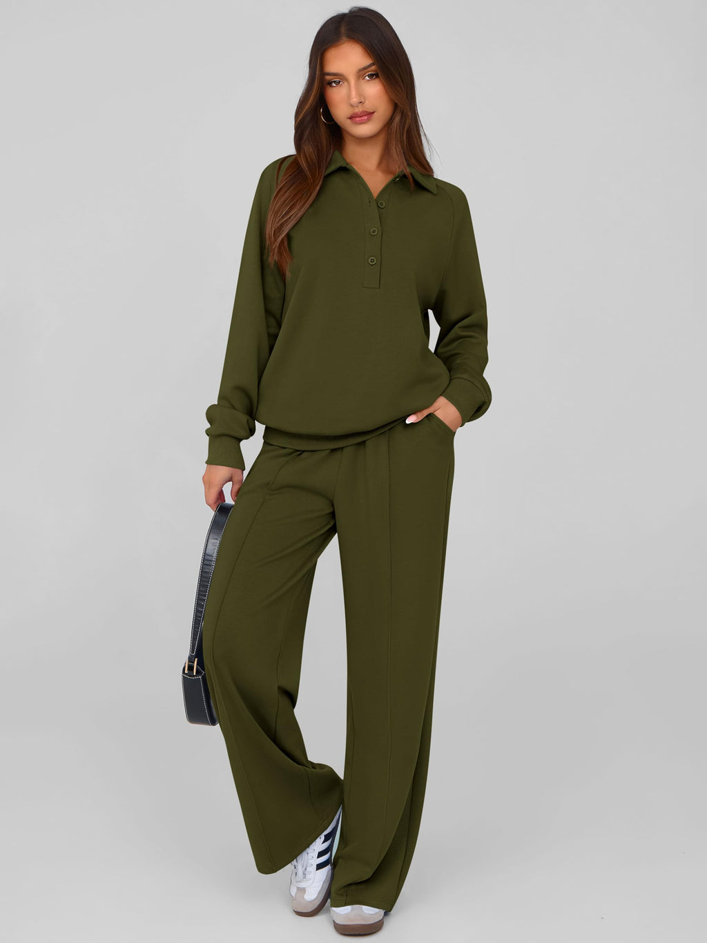 PRETTYGARDEN Women Fall 2 Piece Outfits Sweatsuits Lounge Sets Quarter Button Long Sleeve Sweatshirt, Wide Leg Sweat Pants, Casual 2 Piece Sets Tracksuit, Airport Travel Outfits for Women