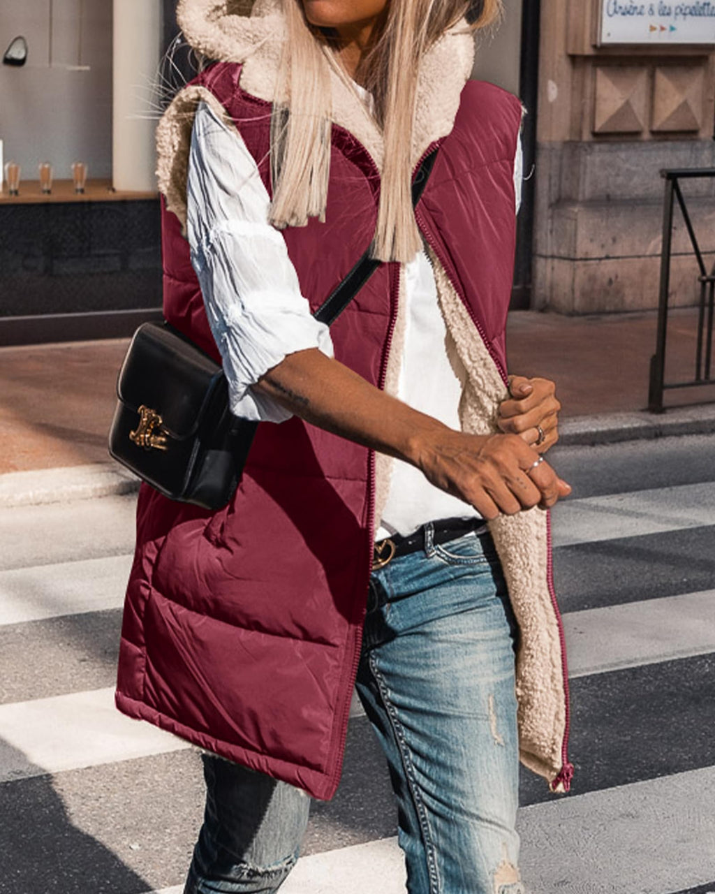 BTFBM Long Puffer Vest Women Fleece Sherpa Jacket Sleeveless Hooded Reversible Zip Up Winter Coat Fall Vests Outerwear