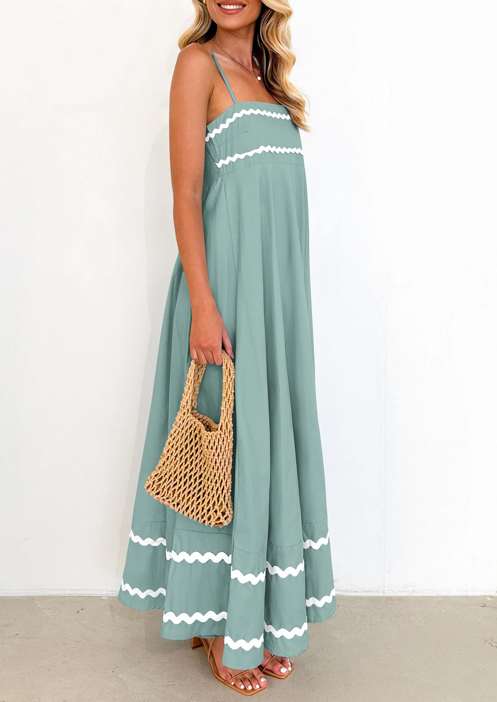PRETTYGARDEN Women's Summer Flowy Maxi Dress Casual Sleeveless Spaghetti Strap Ruffle Beach Long Dresses