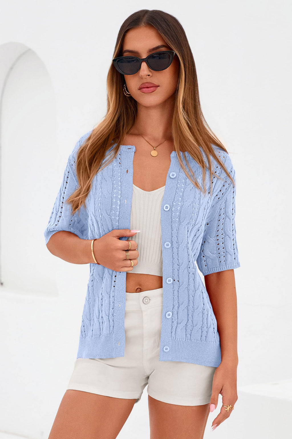 FreshPretty  Women Summer Cable Knit Crochet Cardigan Sweaters Casual Button Short Sleeve Sweater Cute Beach Hollow Out Knit Top