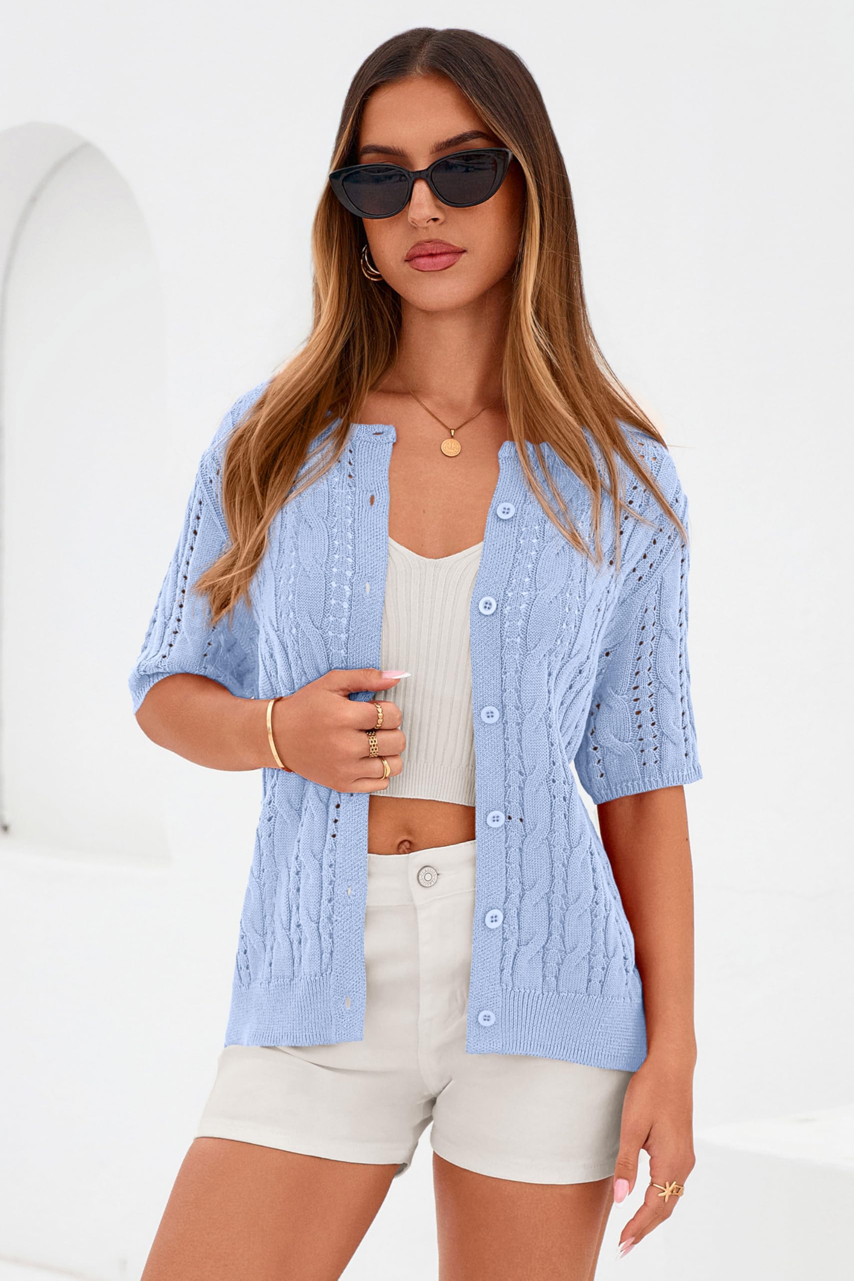 FreshPretty  Women Summer Cable Knit Crochet Cardigan Sweaters Casual Button Short Sleeve Sweater Cute Beach Hollow Out Knit Top