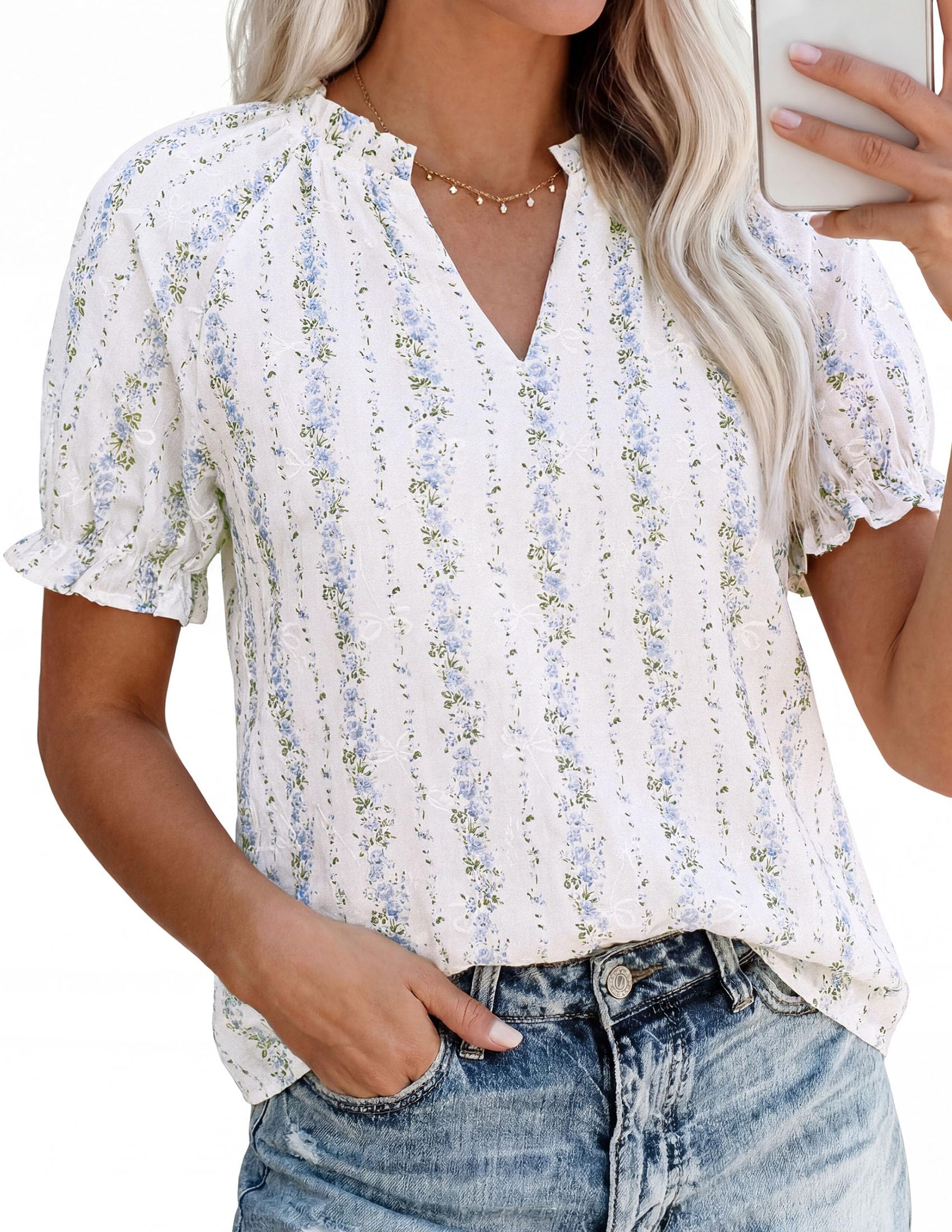 PRETTYGARDEN Summer Short Sleeve V Neck Shirts for Women Trendy Floral Print Loose Ruffle Tops Business Casual Blouses