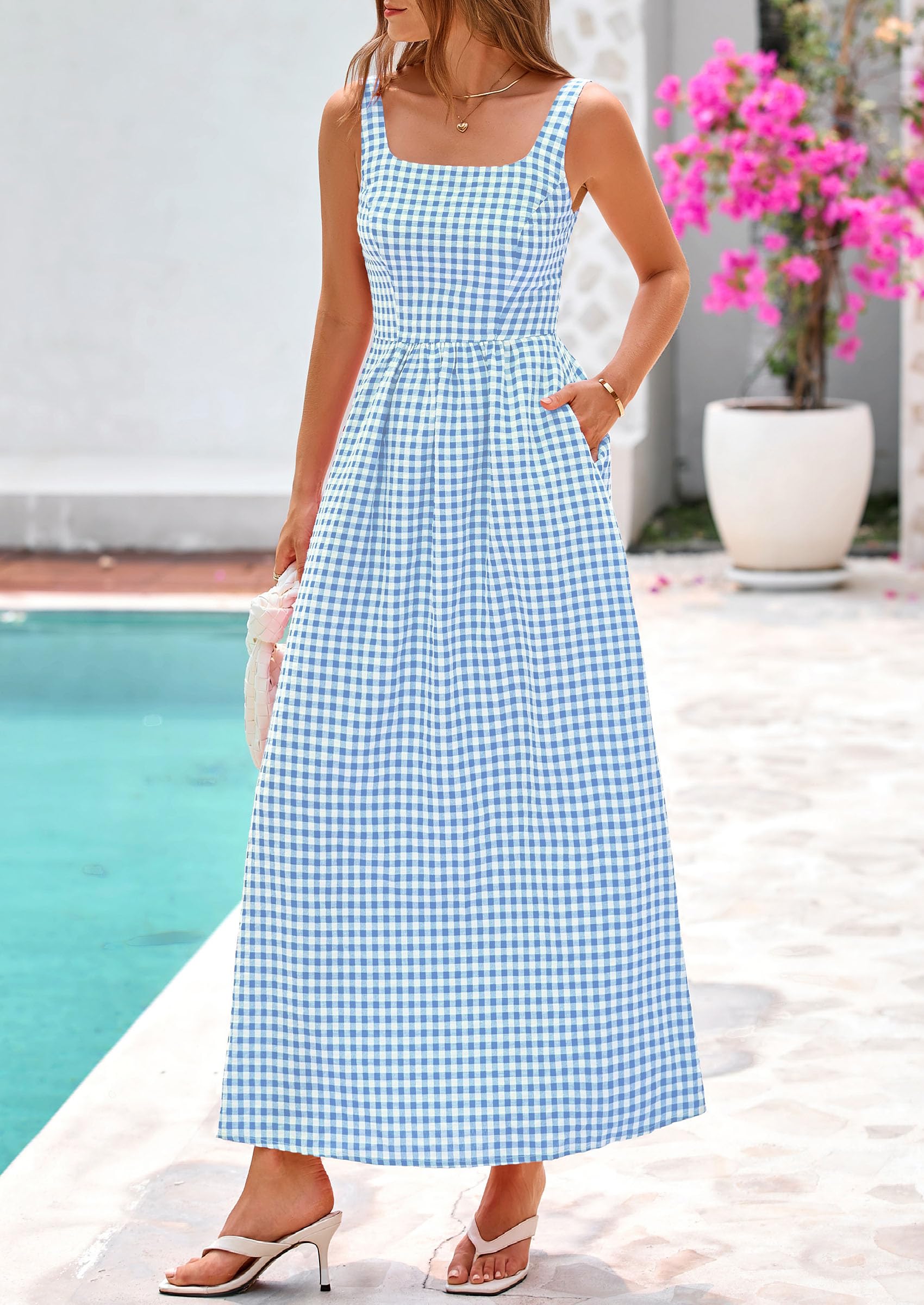 PRETTYGARDEN Women's Summer Spaghetti Strap Maxi Dresses Plaid Square Neck A Line Casual Beach Vacation Long Sundress