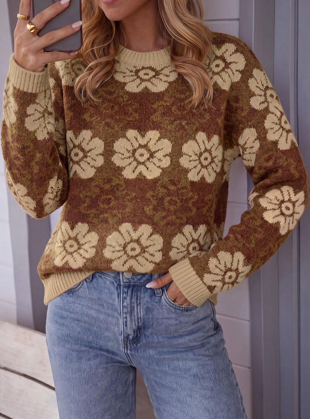 PRETTYGARDEN Women's Floral Crewneck Sweater Knit Pullover Loose Fit, Chunky Knit Sweaters Tops, Dressy Casual Work Vacation Holiday Outfits, Womens Fall Fashion, Winter Clothes