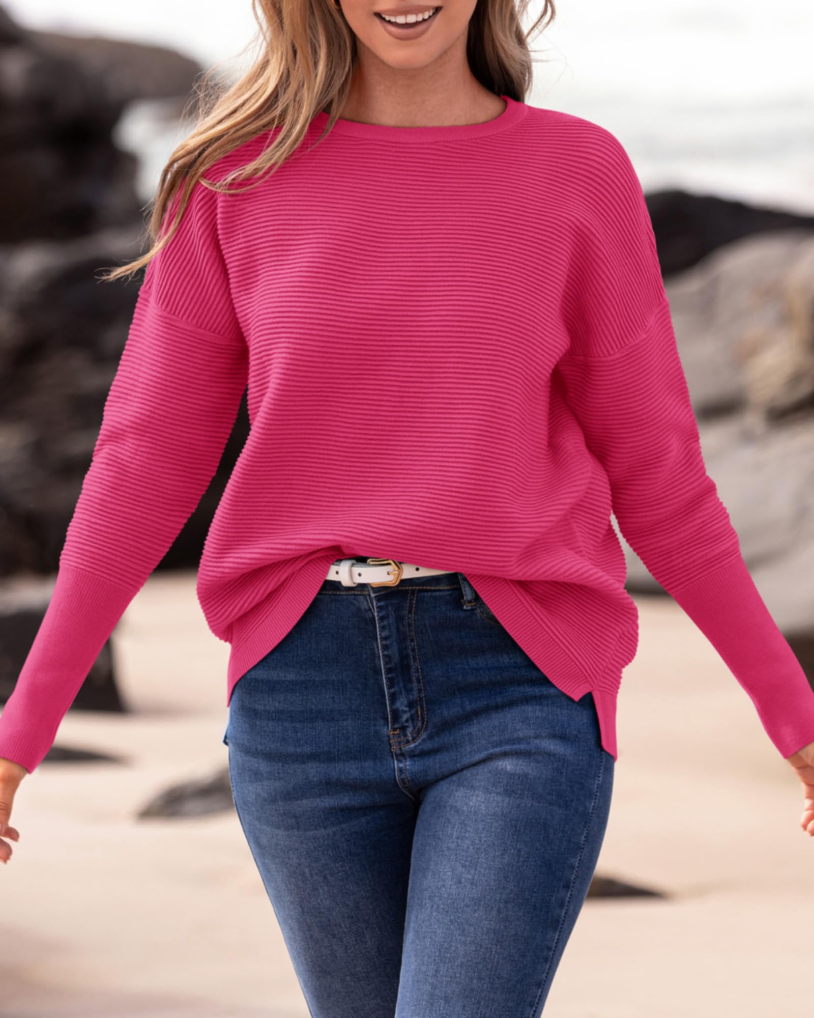 FreshPrettyFall Sweaters for Women Casual Long Sleeve Sweater Striped Loose Fit Pullover Tops