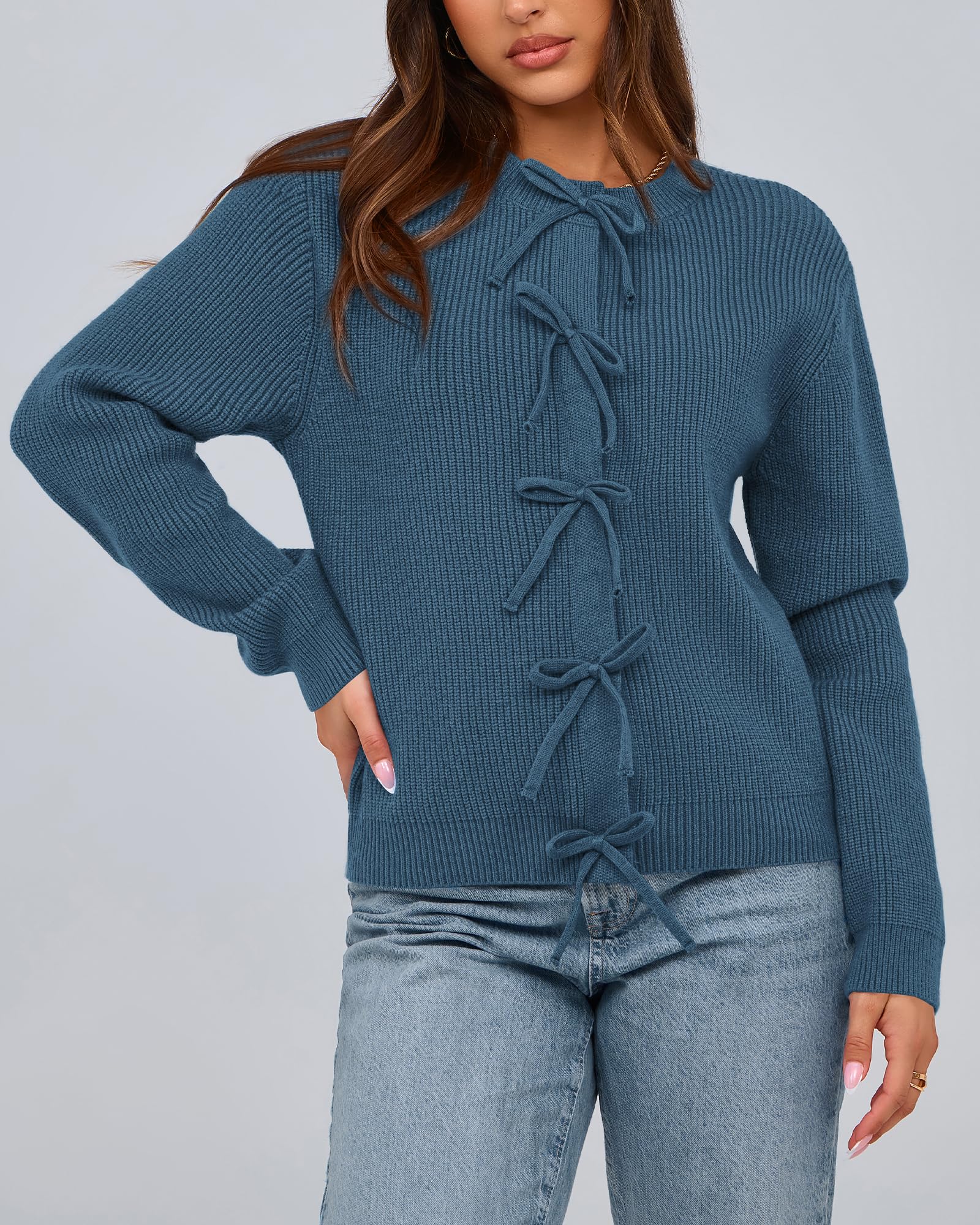 BTFBM Bow Cropped Cardigan Sweaters for Women Fall Winter Open Front Sweater Long Sleeve Button Fashion Spring Clothes