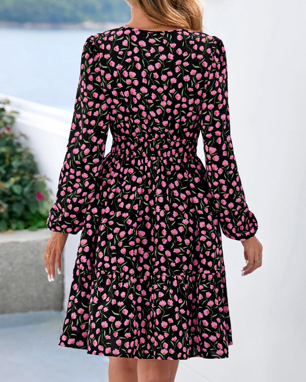 BTFBM Spring Dresses for Women Mini Long Sleeve Elastic Waist Summer Vacation Outfits Floral Wedding Guest Dress