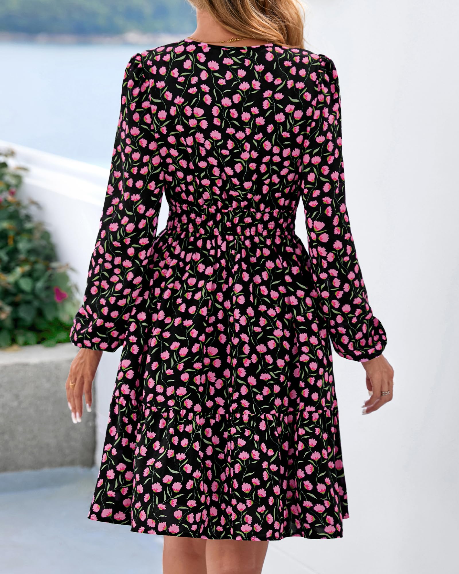 BTFBM Spring Dresses for Women Mini Long Sleeve Elastic Waist Summer Vacation Outfits Floral Wedding Guest Dress
