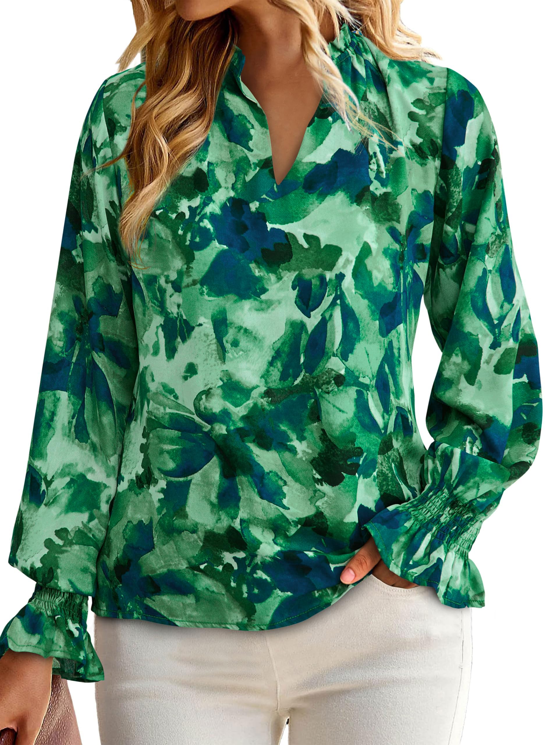 FreshPretty Womens V Neck Floral Long Sleeve Tops Summer Casual Loose Puff Sleeve Chiffon Boho Work Blouse Dressy T Shirts
