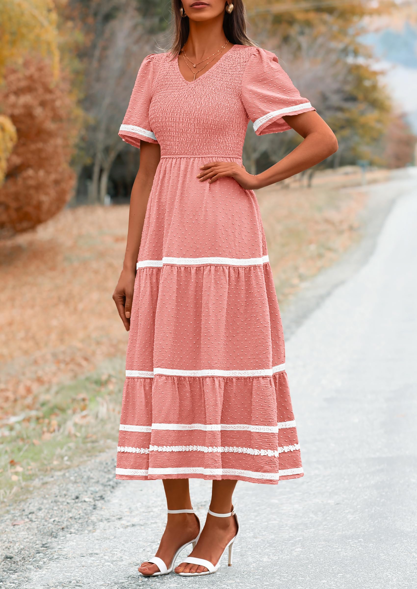PRETTYGARDEN Women's Casual Summer Maxi Dress Short Sleeve Swiss Dot V Neck Smocked Long Flowy Beach Dresses