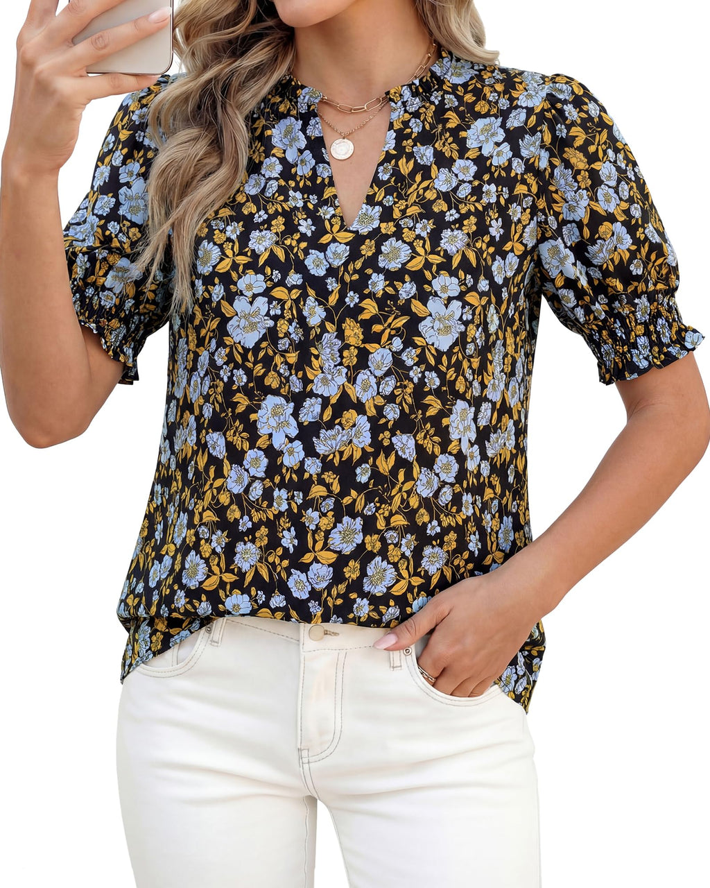 BTFBM Summer Blouses for Women Dressy Casual Fashion Spring Tops Floral Boho V Neck Puff Short Sleeve Top Shirts