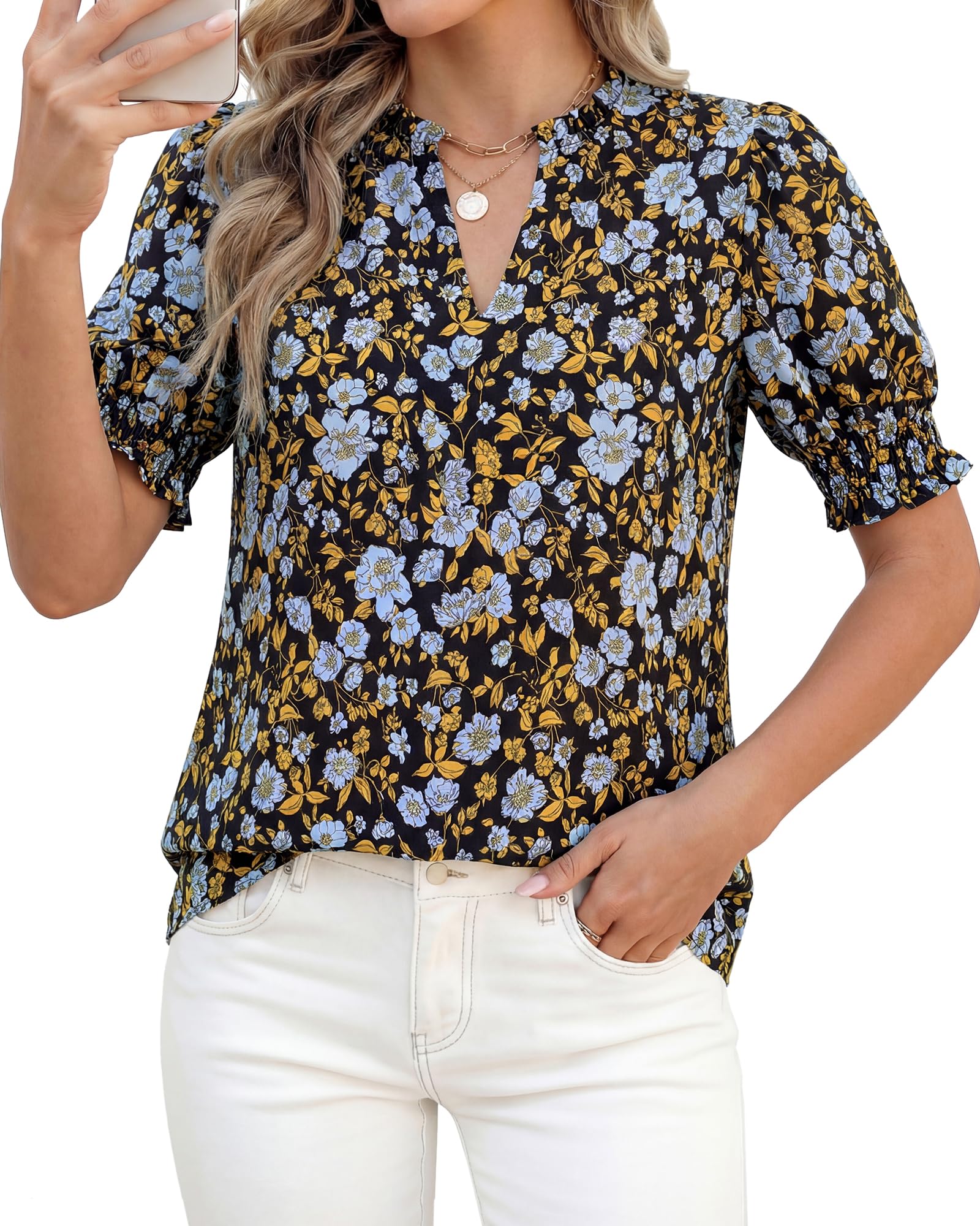 BTFBM Summer Blouses for Women Dressy Casual Fashion Spring Tops Floral Boho V Neck Puff Short Sleeve Top Shirts