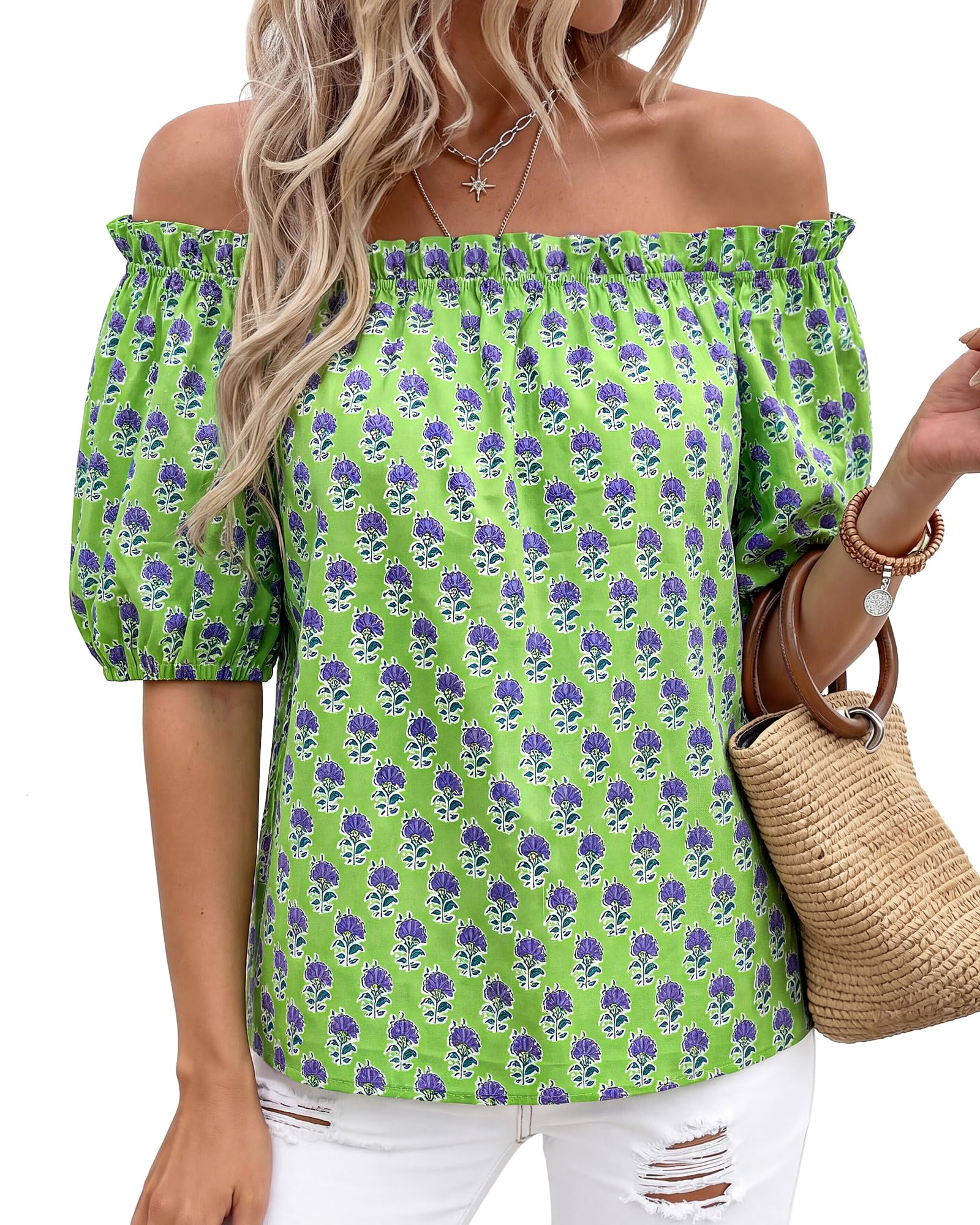 BTFBM Off The Shoulder Spring Tops for Women Summer Blouses Boho Floral Short Sleeve Shirts Dressy Casual Outfits