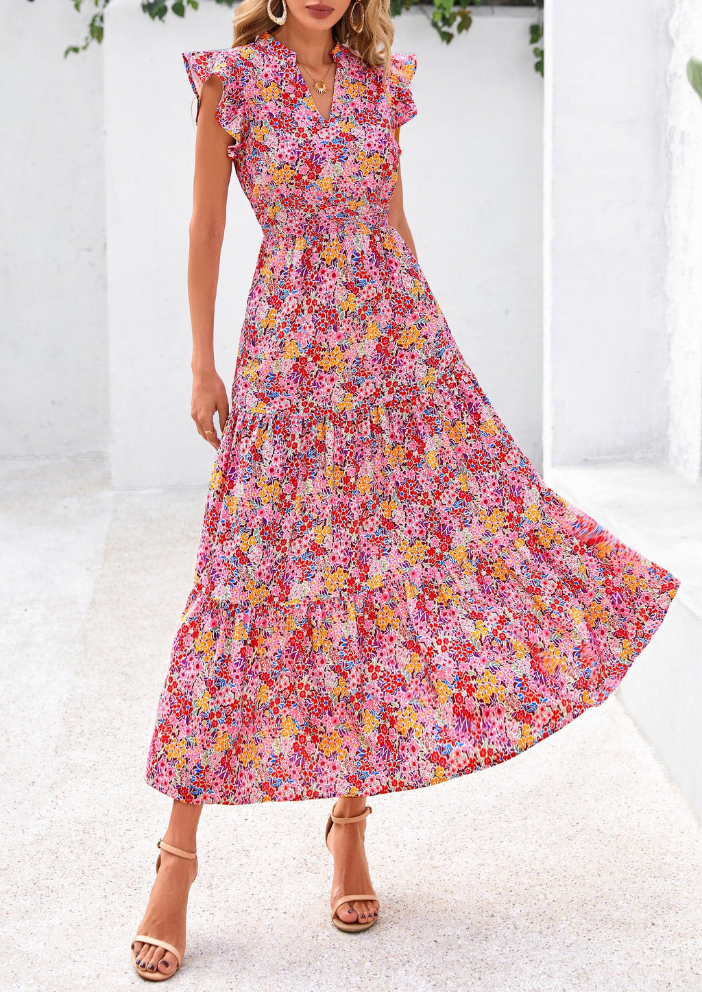Visit the PRETTYGARDEN Store PRETTYGARDEN Women's Summer Floral Midi Dress Cap Sleeve V Neck Ruffle Long Flowy Boho Casual Beach Vacation Dresses