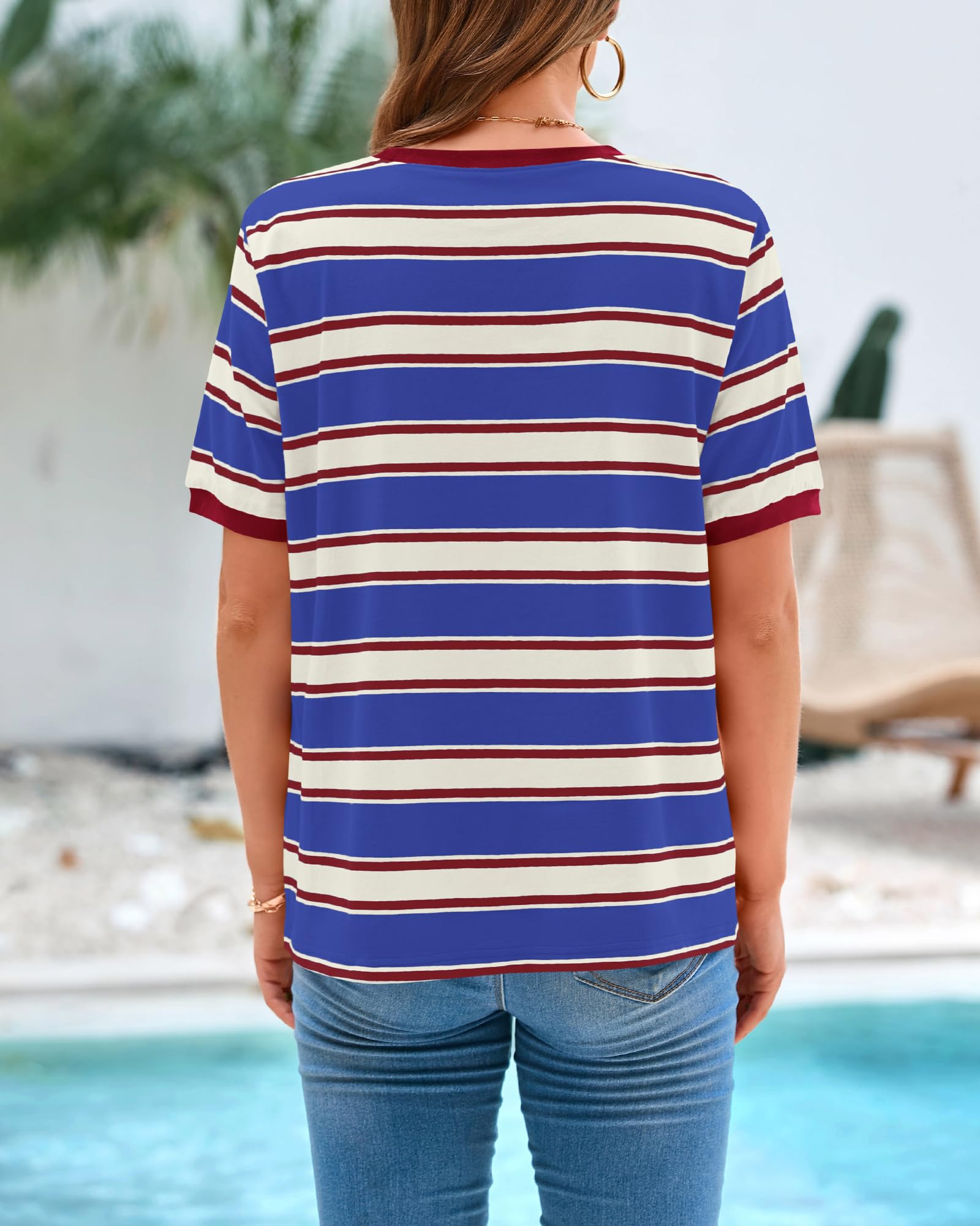 BTFBM Summer Tops for Women Crewneck Short Sleeve Striped T Shirts Casual Spring Clothes Color Block Basic Tee Blouses