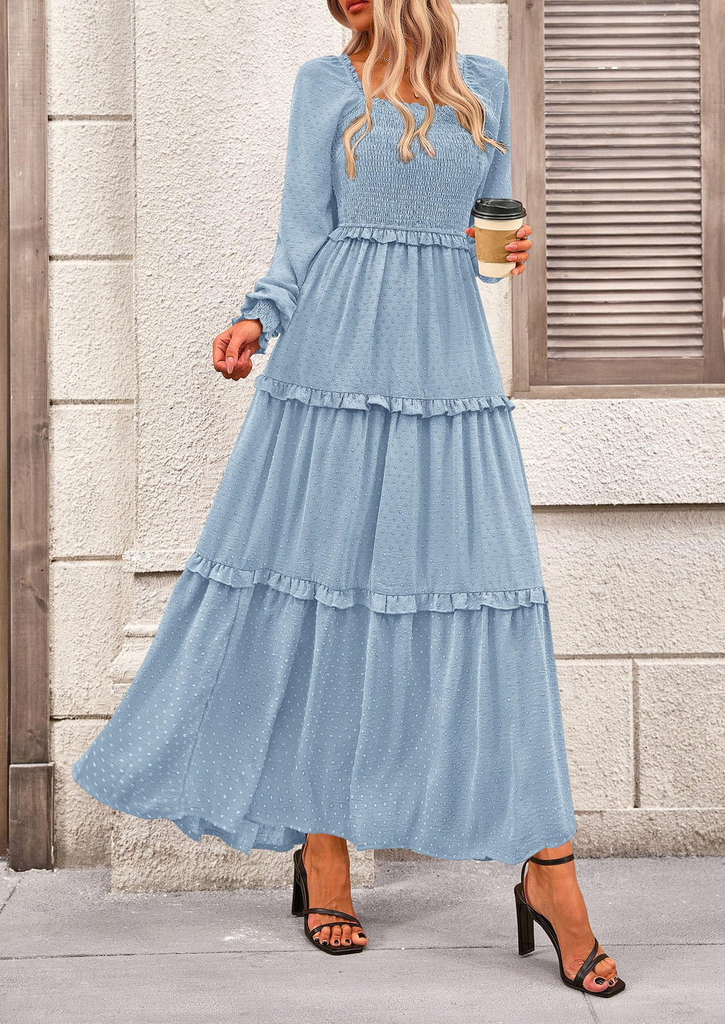 PRETTYGARDEN Fall Dresses for Women Long Sleeve Smocked Square Neck Swiss Dot Tiered Flowy Wedding Guest Maxi Dress