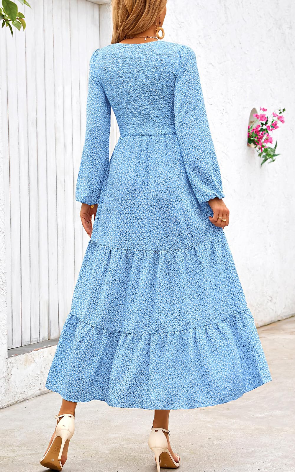 PRETTYGARDEN Women's Fall Dresses Long Sleeve Flowy Casual Floral Maxi Dress Crew Neck Smocked Tiered Long Dress