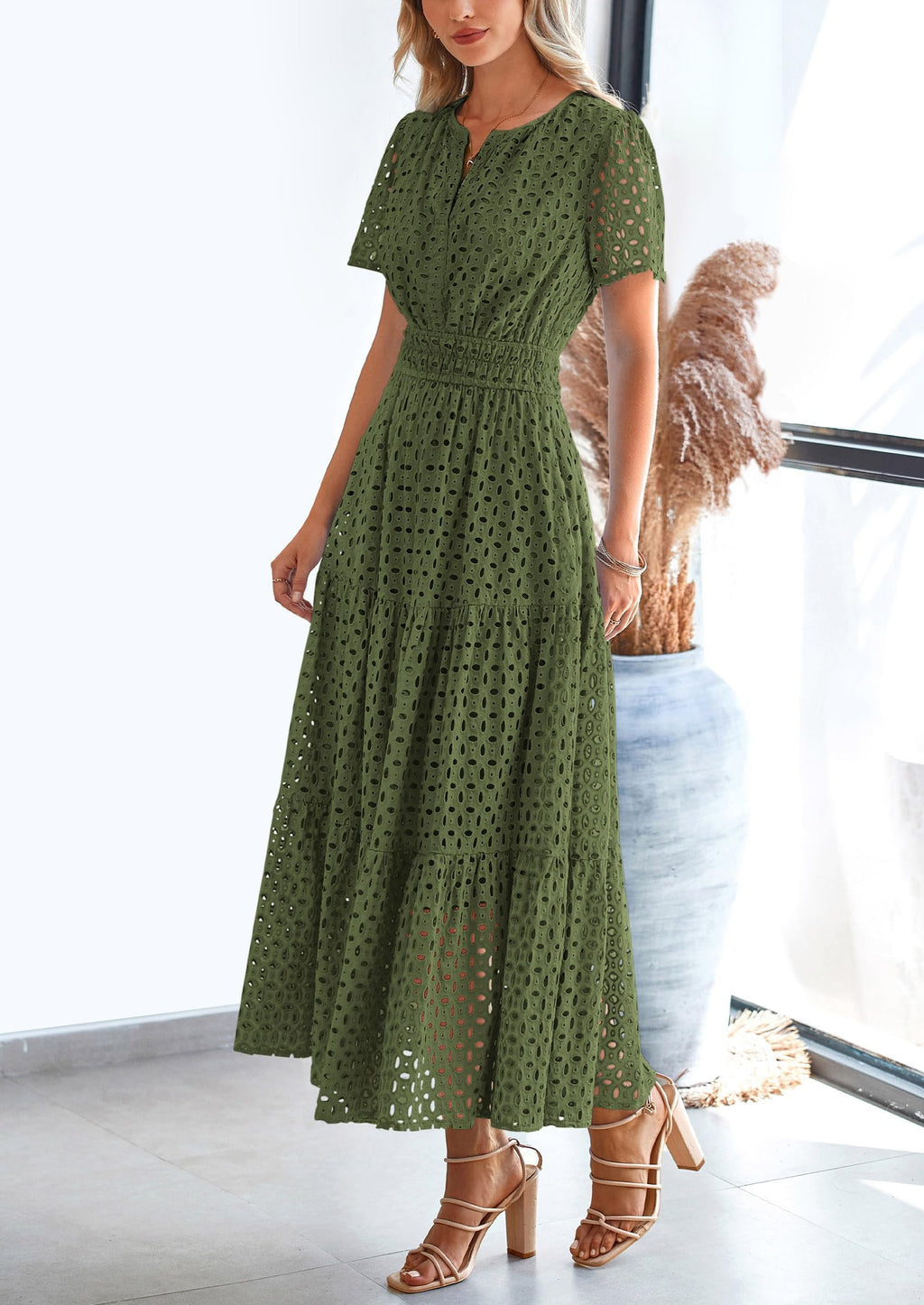 PRETTYGARDEN Womens Summer Maxi Dress Short Sleeve V Neck Hollow Out Eyelet A Line Long Flowy Beach Vacation Dresses