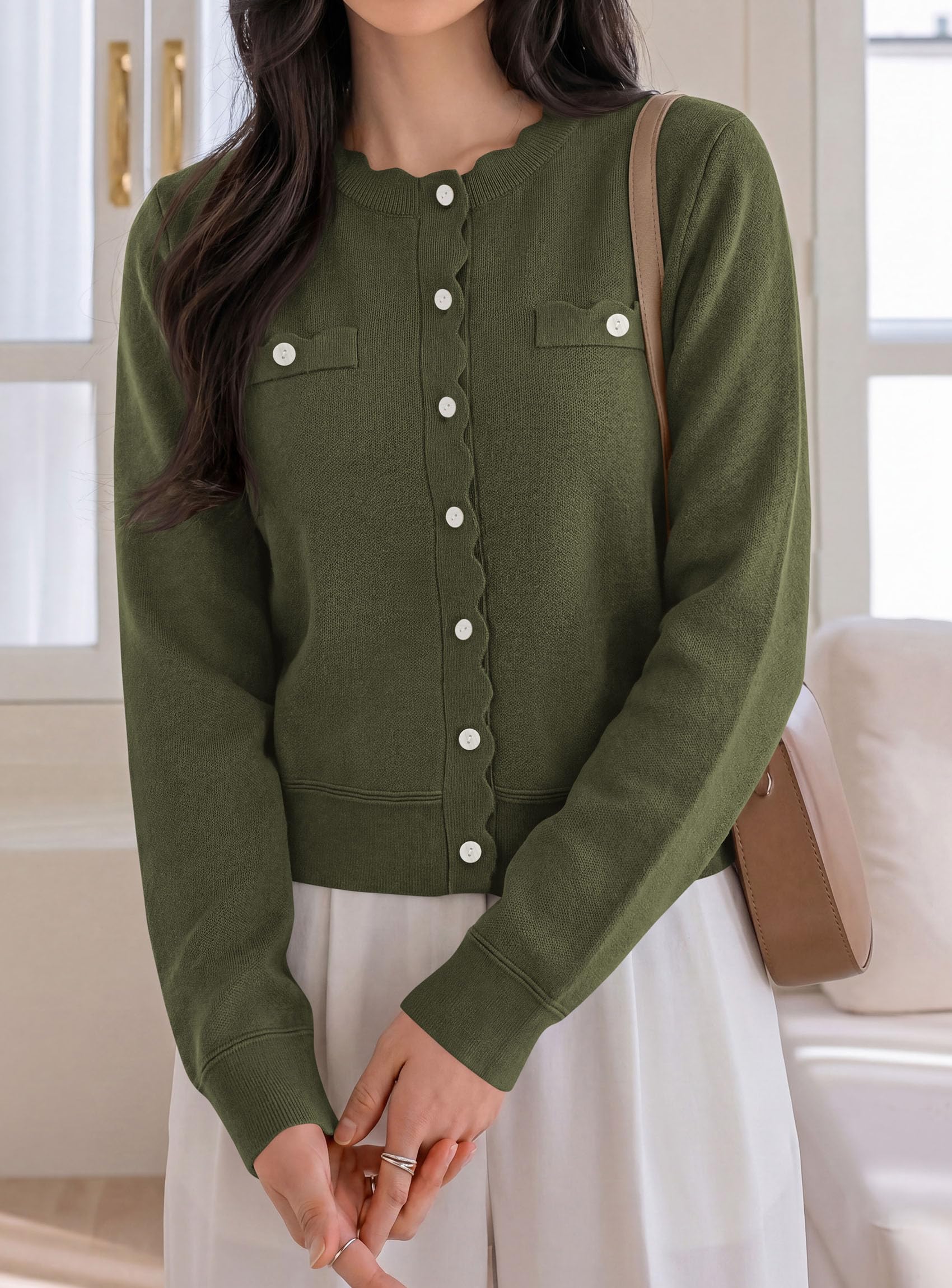 PRETTYGARDEN Cardigan Sweaters for Women Scalloped Button Up Fall Outfits Soft Knit Long Sleeve Knit Tops,Crew Neck,Business Casual Outfits,Office Work Lightweight Sweater,Layers Clothes